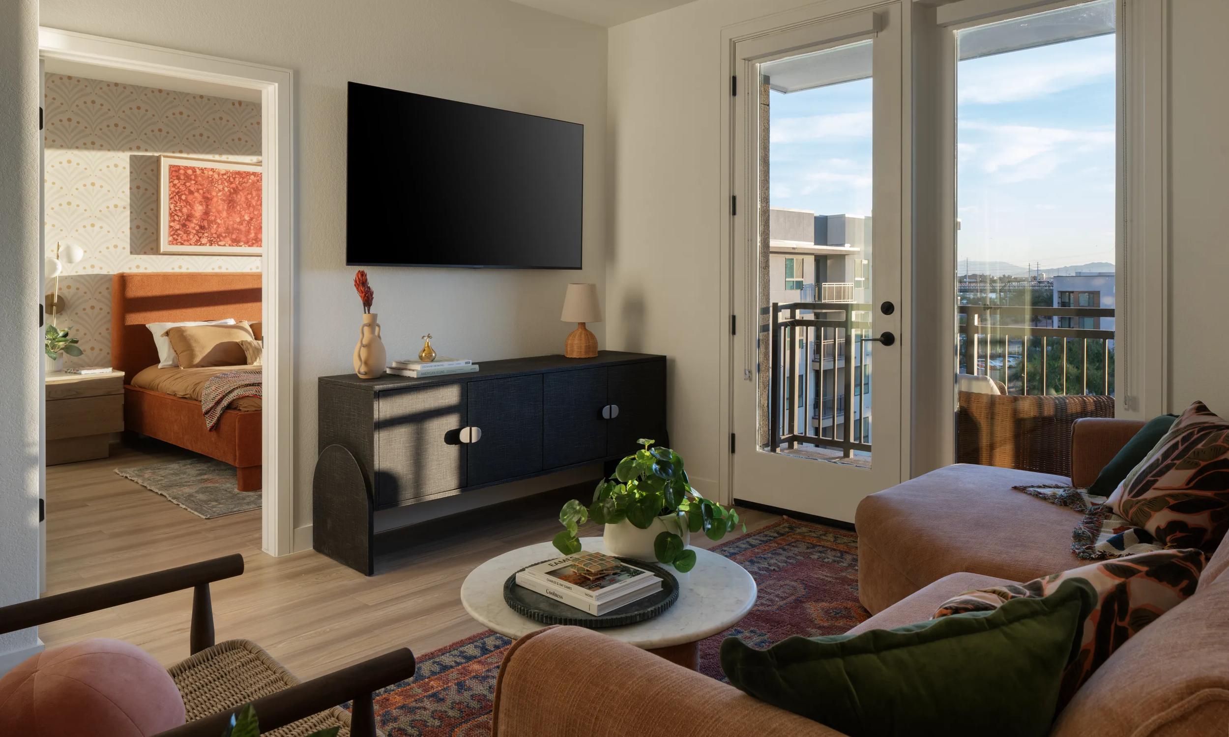 living and overlooking into bedroom modera rio salado apartment homes for rent in tempe az