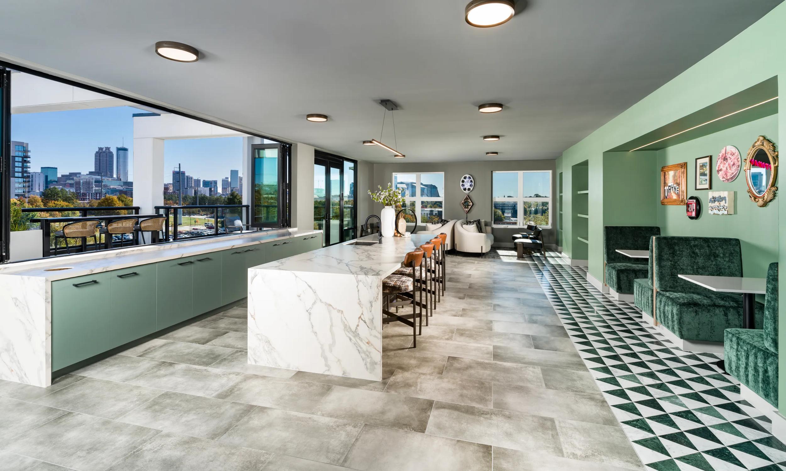 rooftop lounge with views of downtown atlanta modera westside trail apartments in atlanta ga