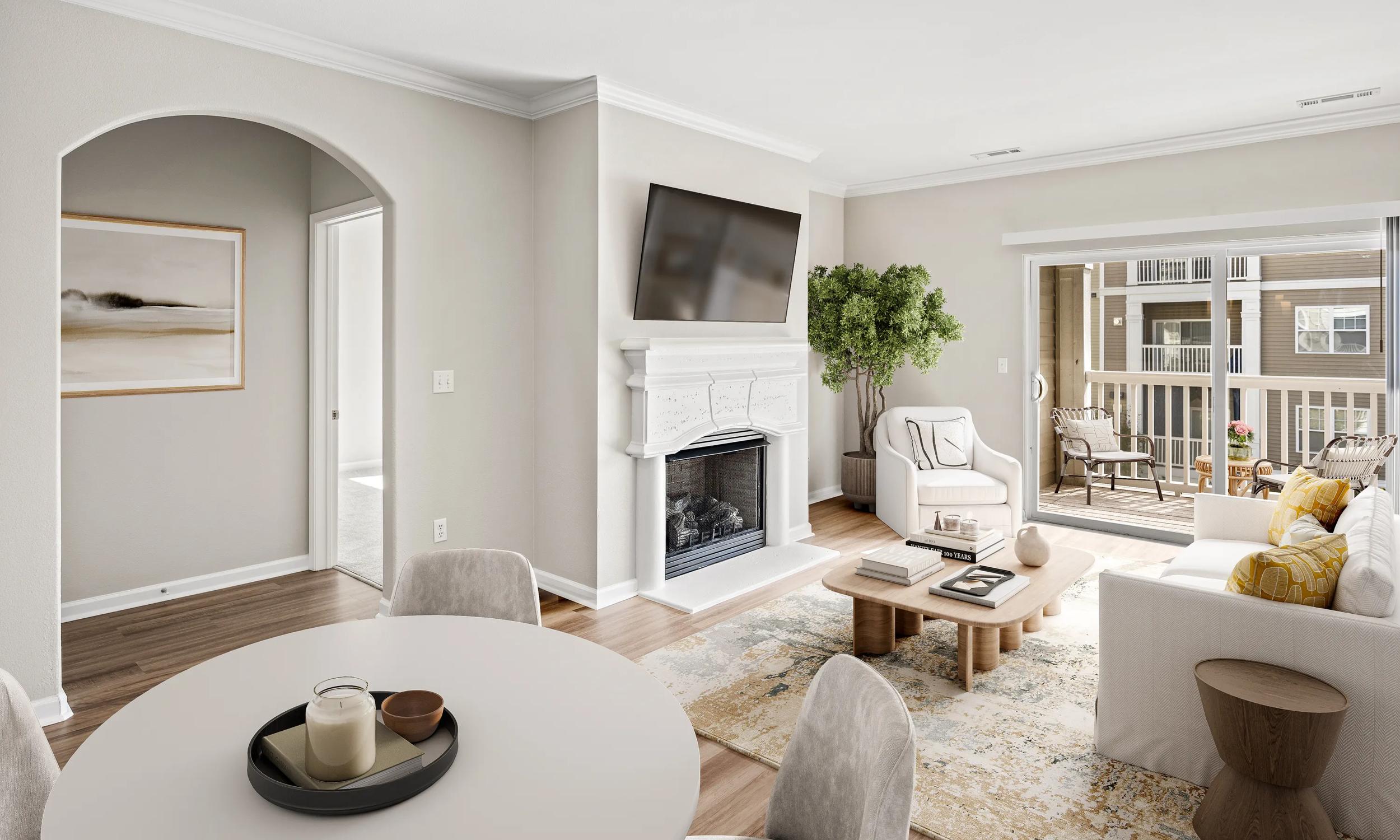 the avens at dedham apartments near boston living and dining area with fireplace
