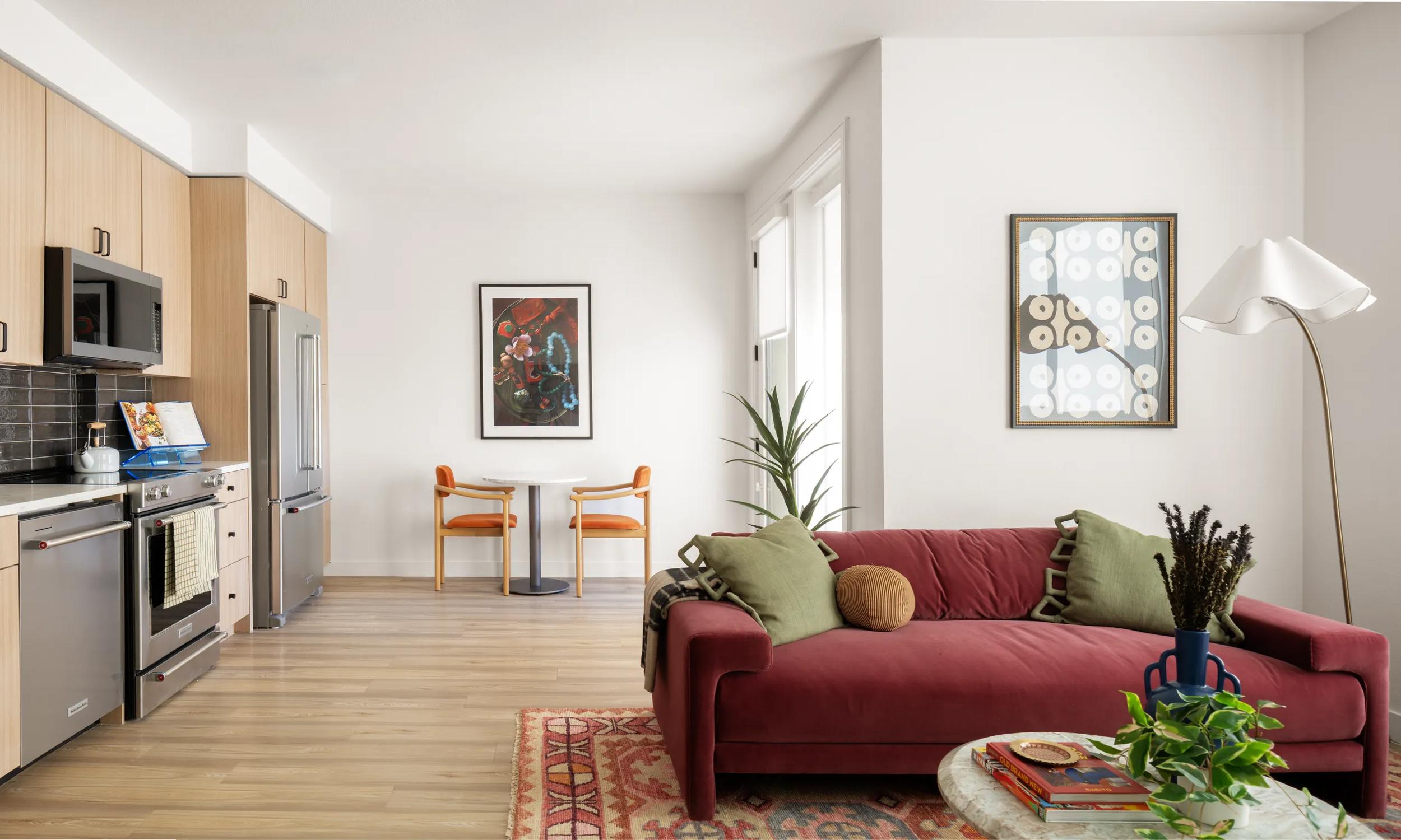 open concept living room and kitchen modera rio salado apartment homes for rent in tempe az