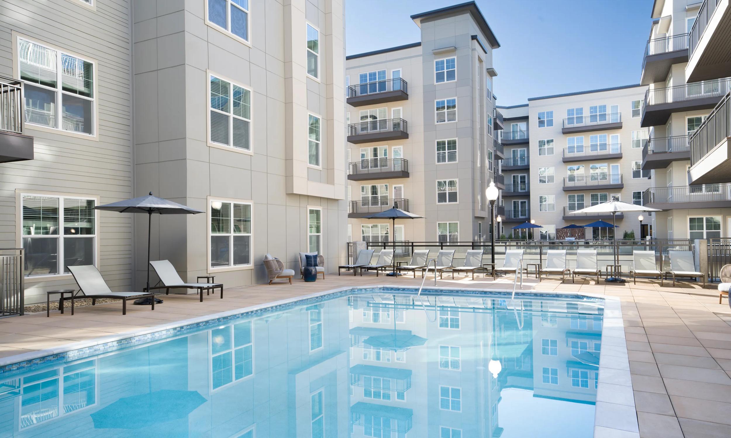 outdoor lounge and pool area modera liberty row charlotte nc apartments
