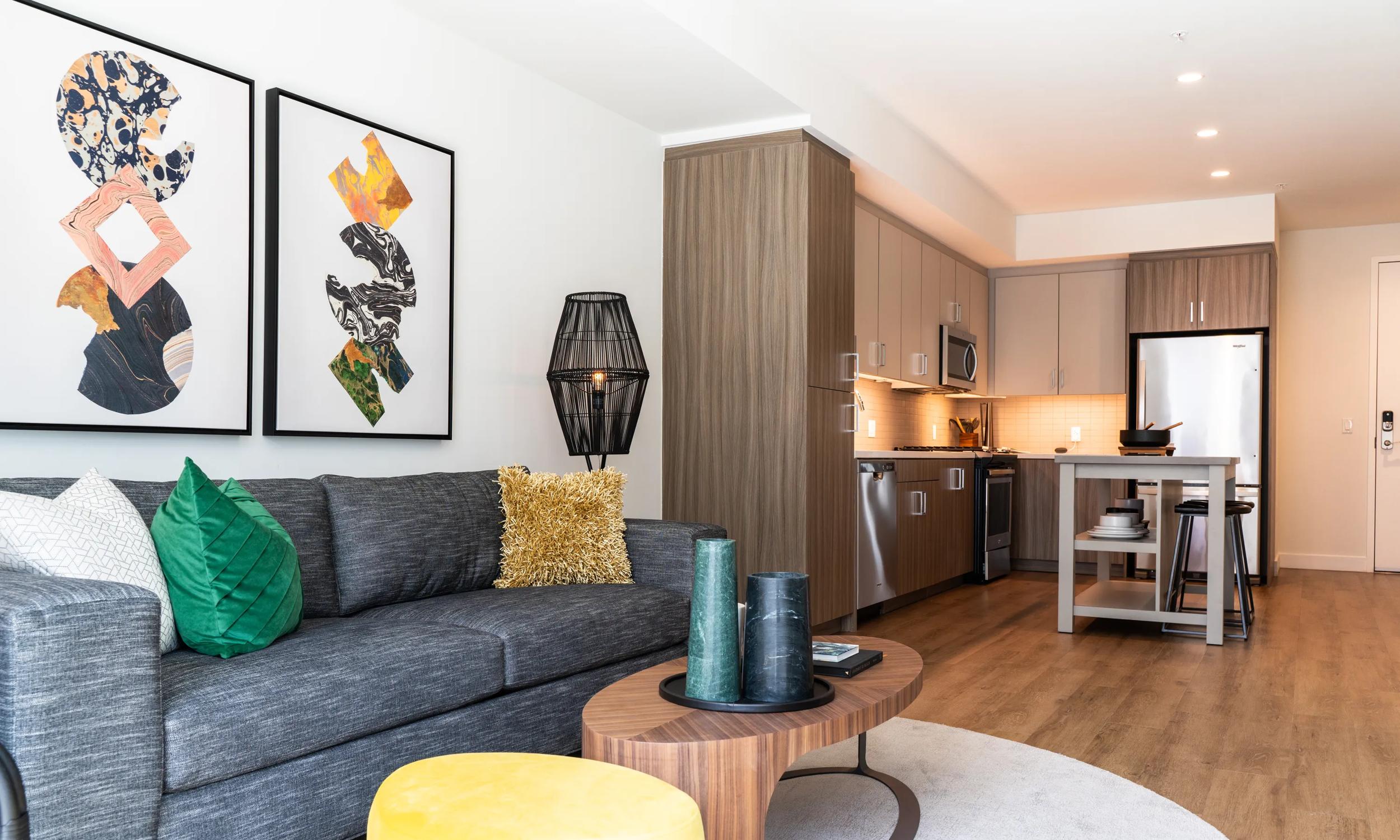 interior home with wood kitchen cabinetry and stainless steel appliances upper ivy apartments in culver city ca
