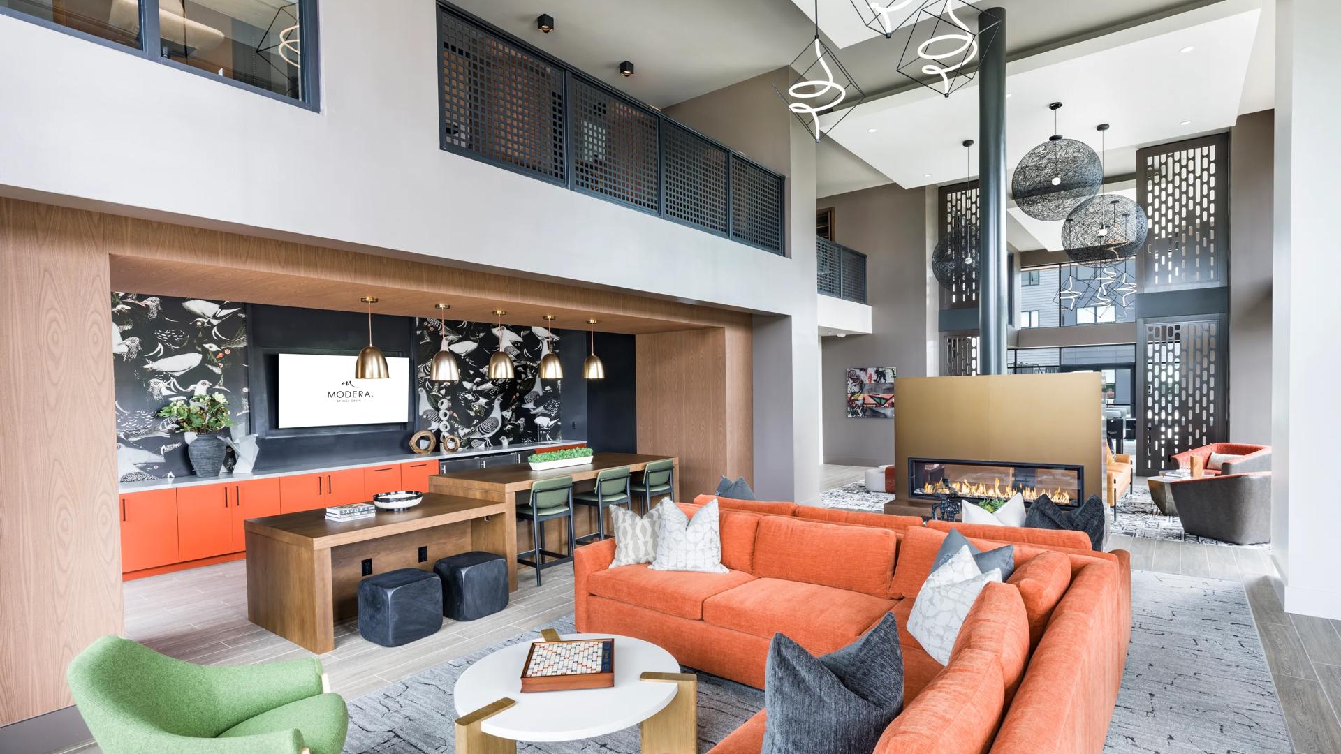 community room and leasing lobby modera loso apartments in charlotte nc