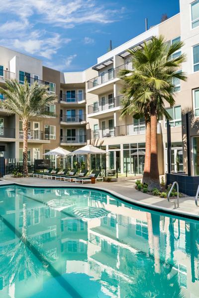 pool courtyard amenity space rendering modera pomona apartment homes for rent in pomona california