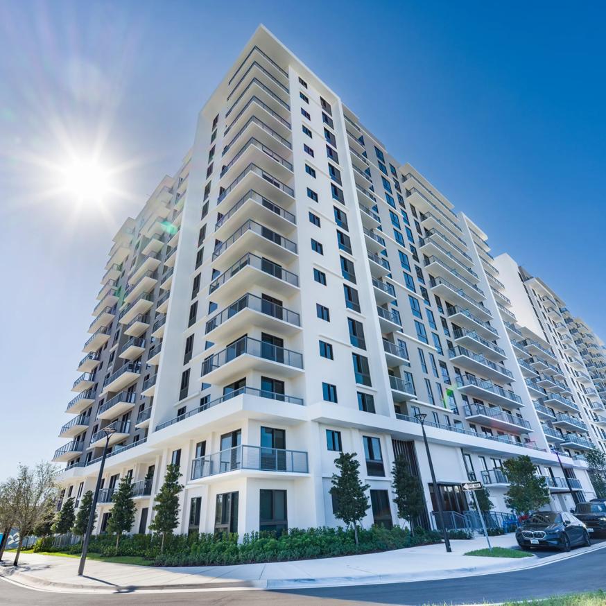 modera aventura exterior from street level apartments in miami fl with retail