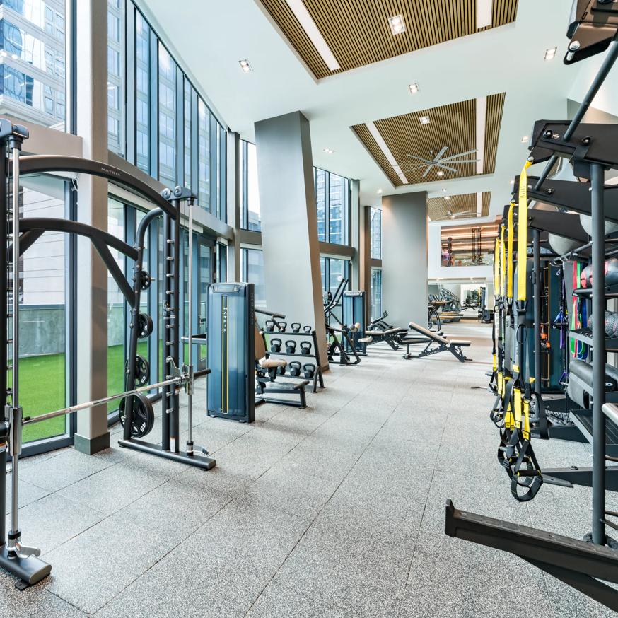 fitness center with weight equipment and high ceilings modera mcgavock apartment homes for rent in nashville tn