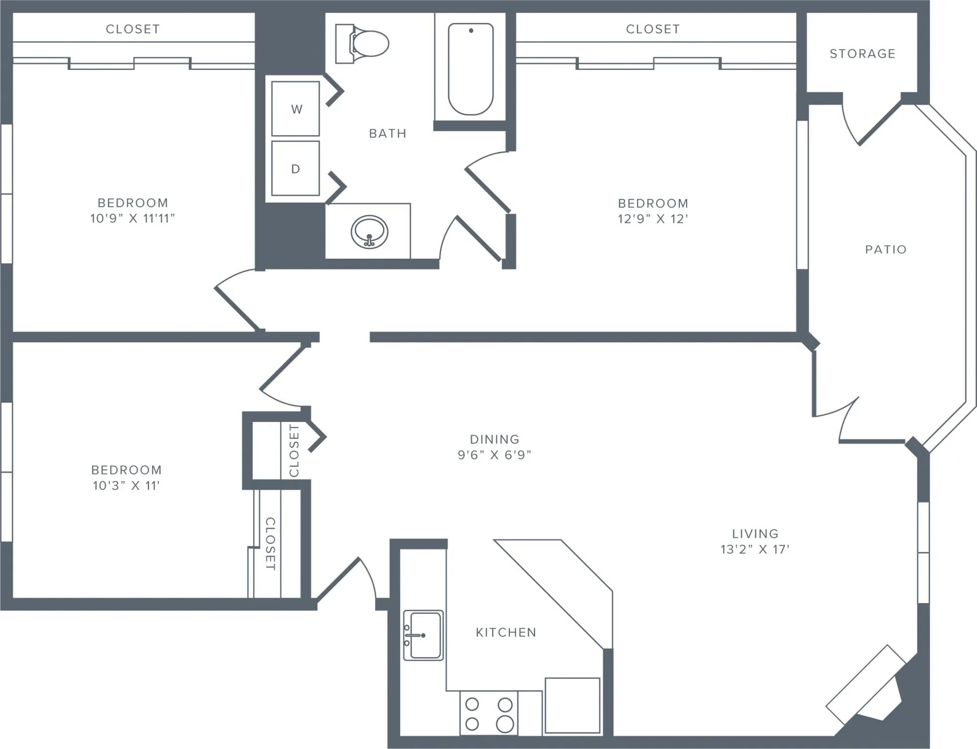 1086 square foot three bedroom two bath apartment floorplan image