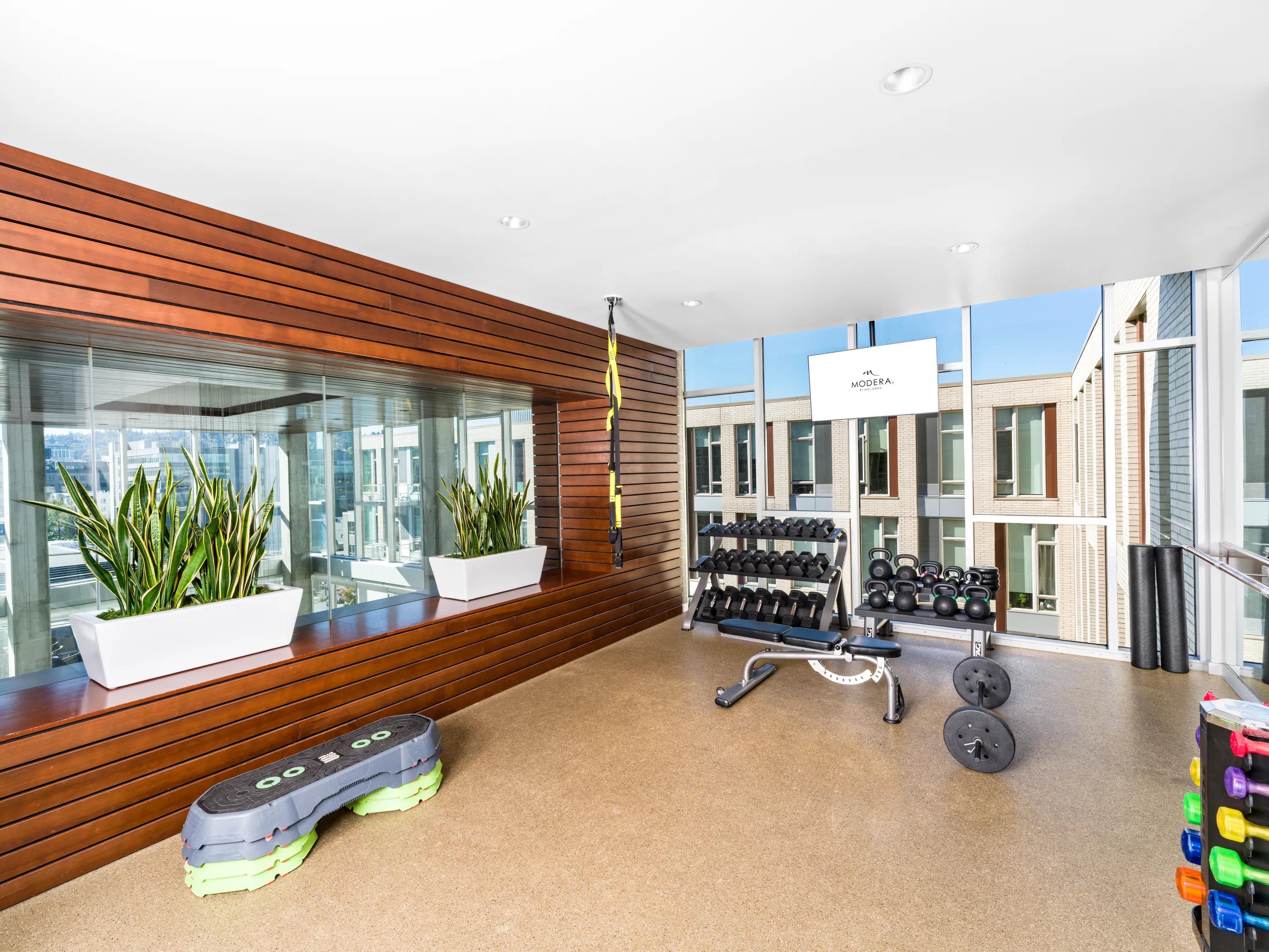 Stretch or meditate in the yoga/Pilates studio modera pearl apartments in portland