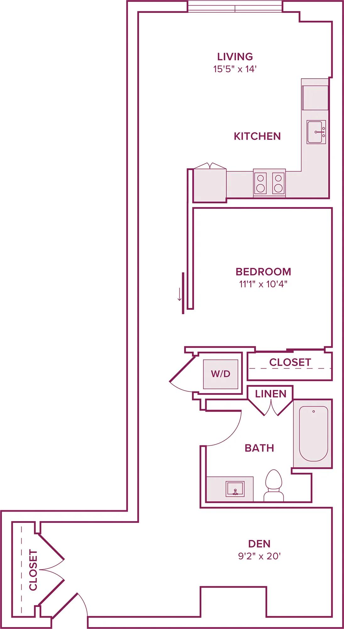 807 square foot one bed one bath floor plan in Argyle, CA