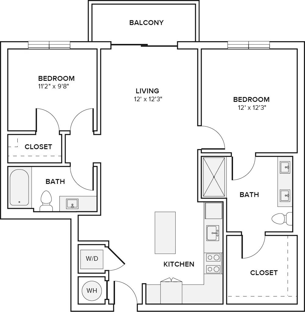 1048 square foot two bedroom two bath apartment floorplan in Davie, FL