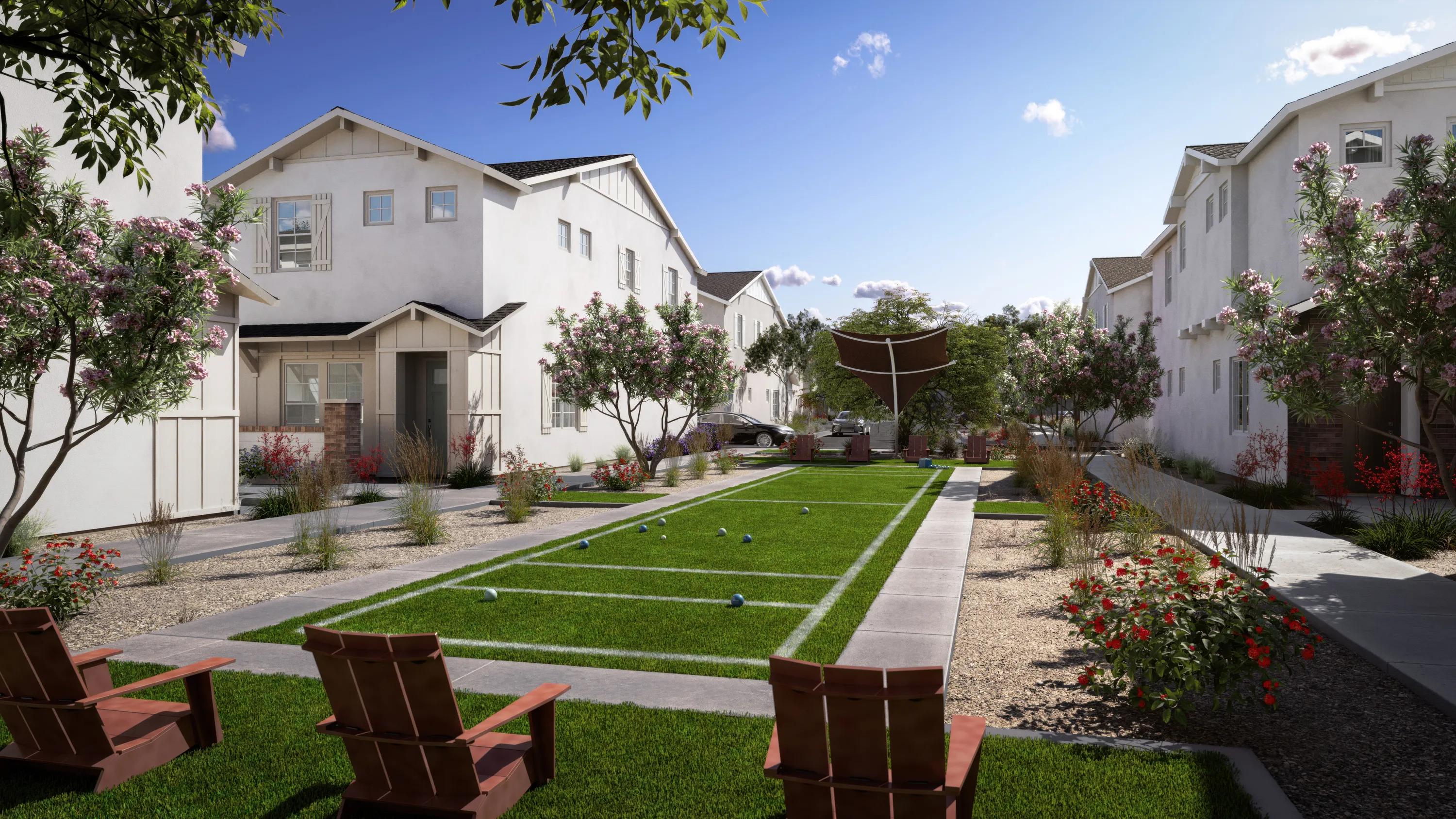 Bocce Ball court with lounge seating build to rent homes in queen creek, az