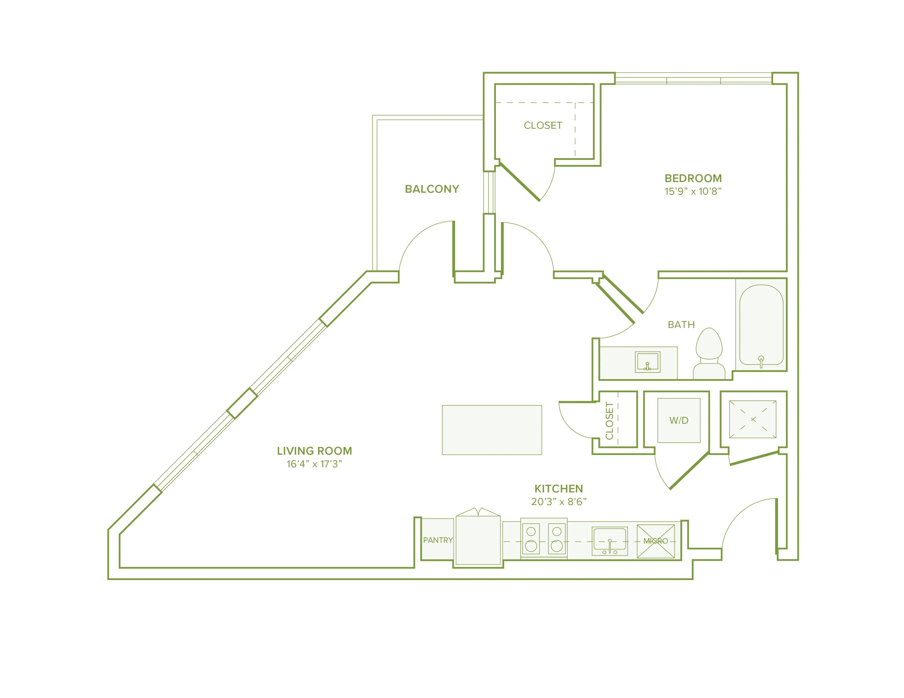 667 square foot one bedroom one bath apartment floor plan in Falls Church, VA