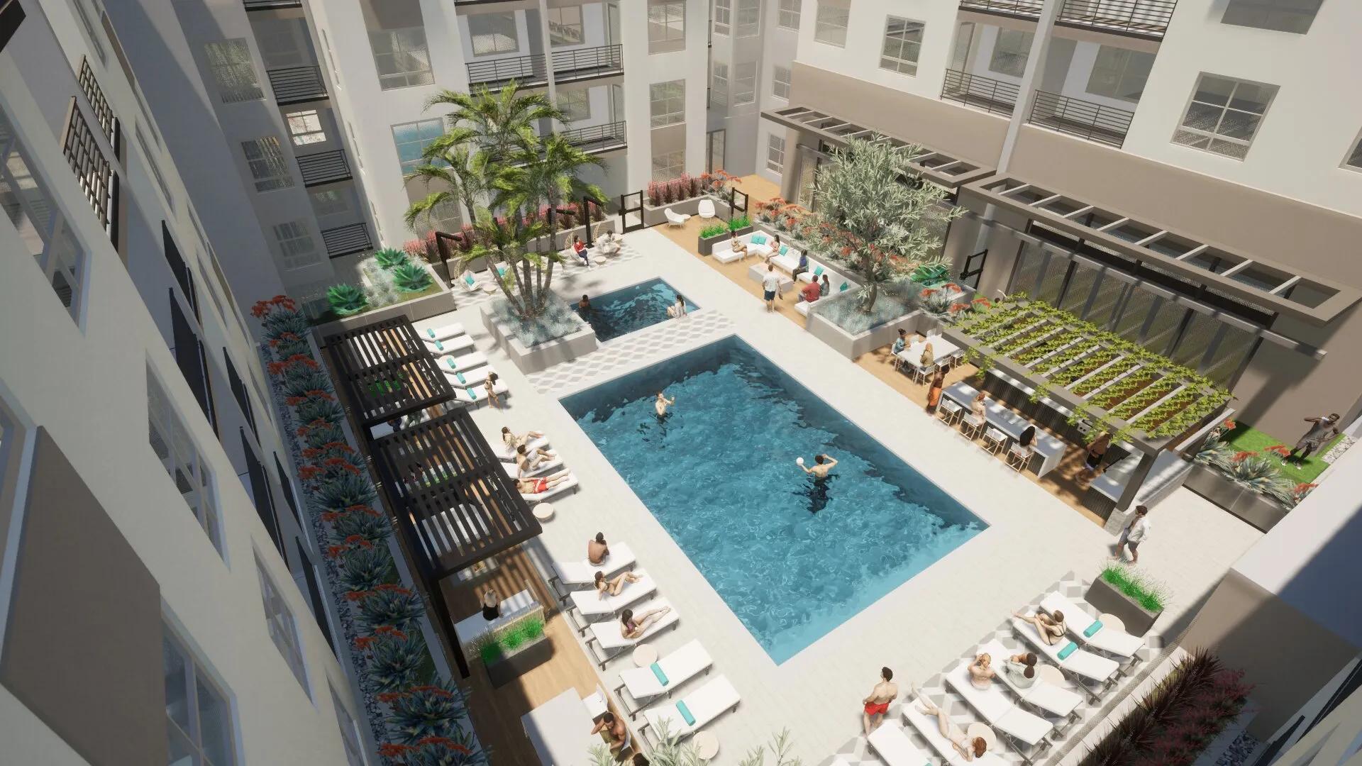 pool and spa with outdoor cabanas modera melrose apartments for rent in oceanside ca