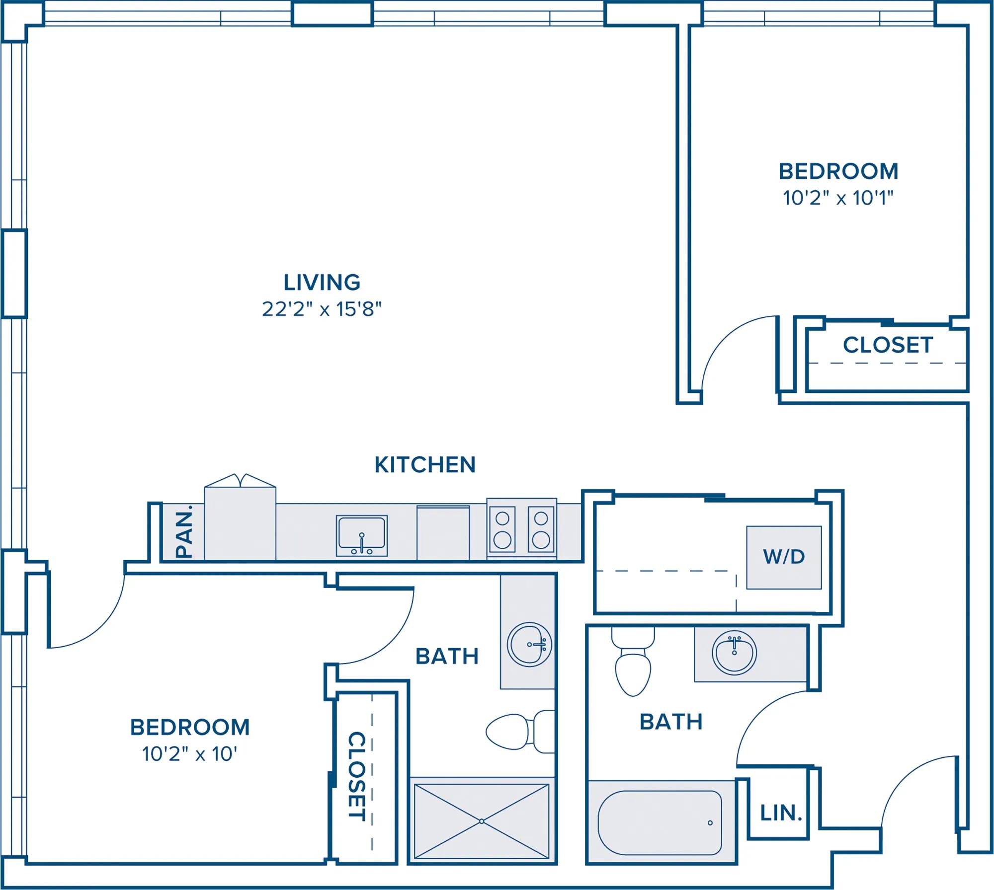 1037 square foot two bedroom two bathroom floorplan image