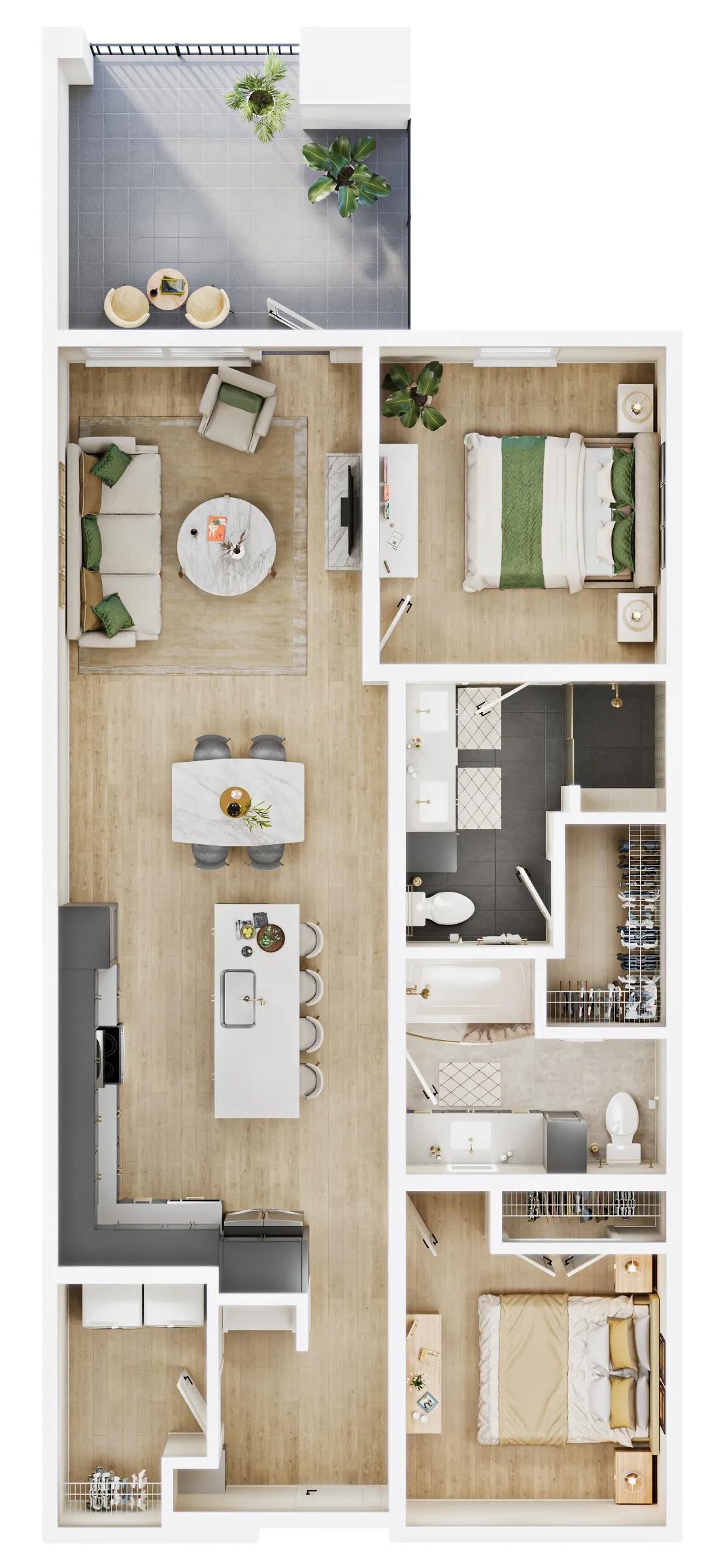 1106 square foot two bed two bath apartment floor plan image