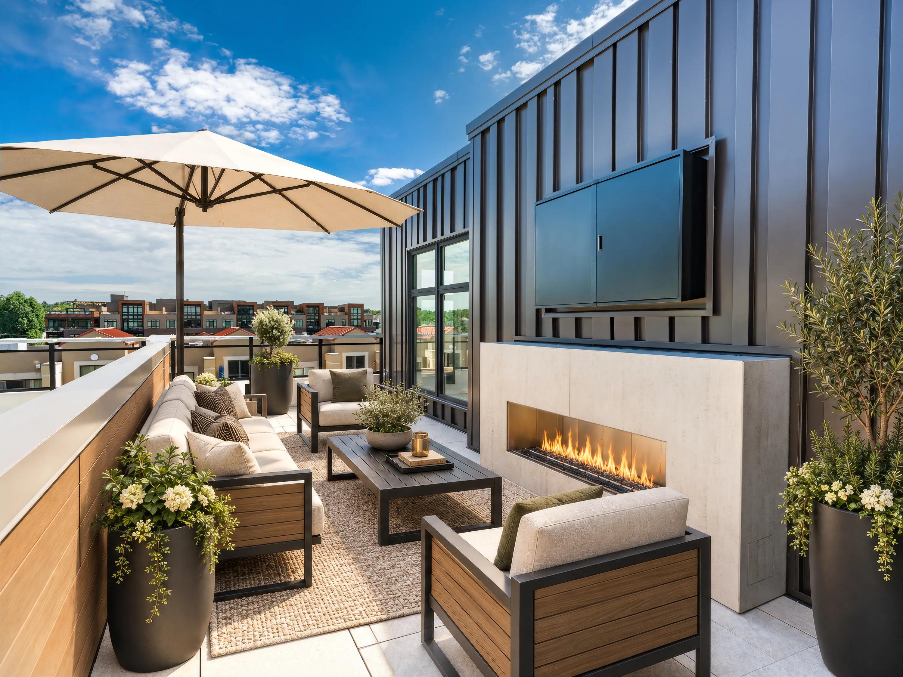 Terrace with outdoor fireplace in select homes at Modera Second Avenue