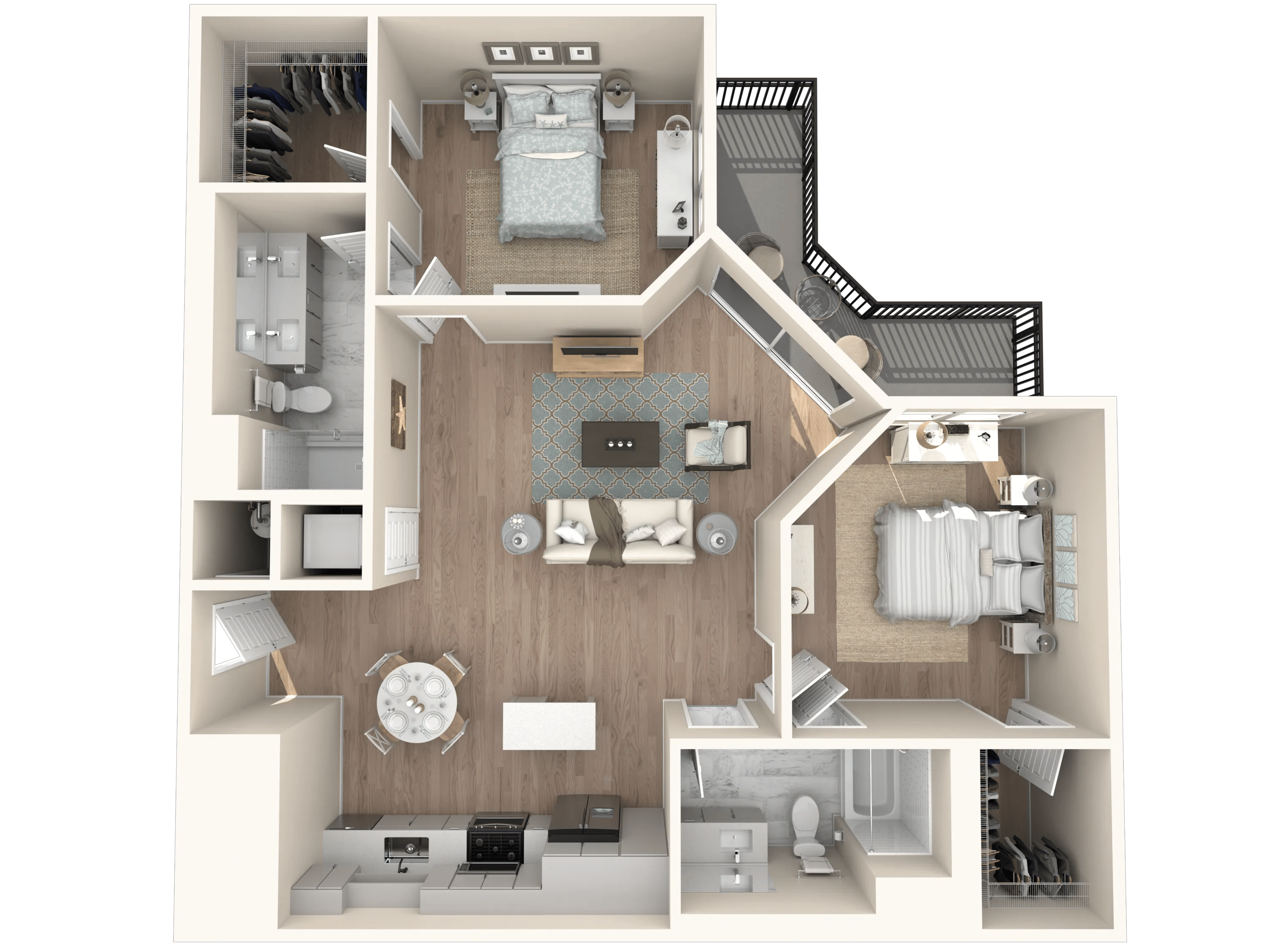 1095 square foot two bed two bath floor plan in Tampa, FL