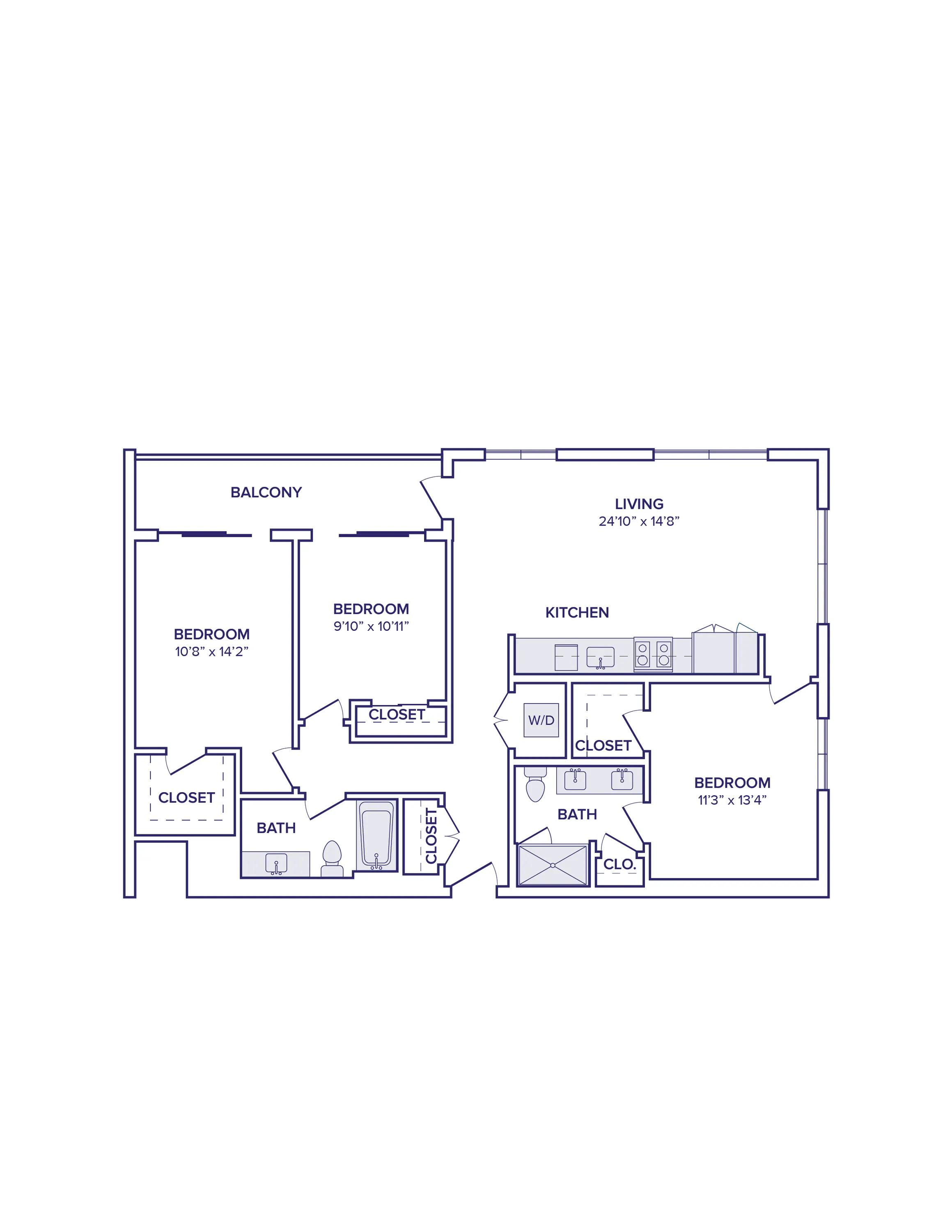 1348 square foot three bed two bath floor plan image