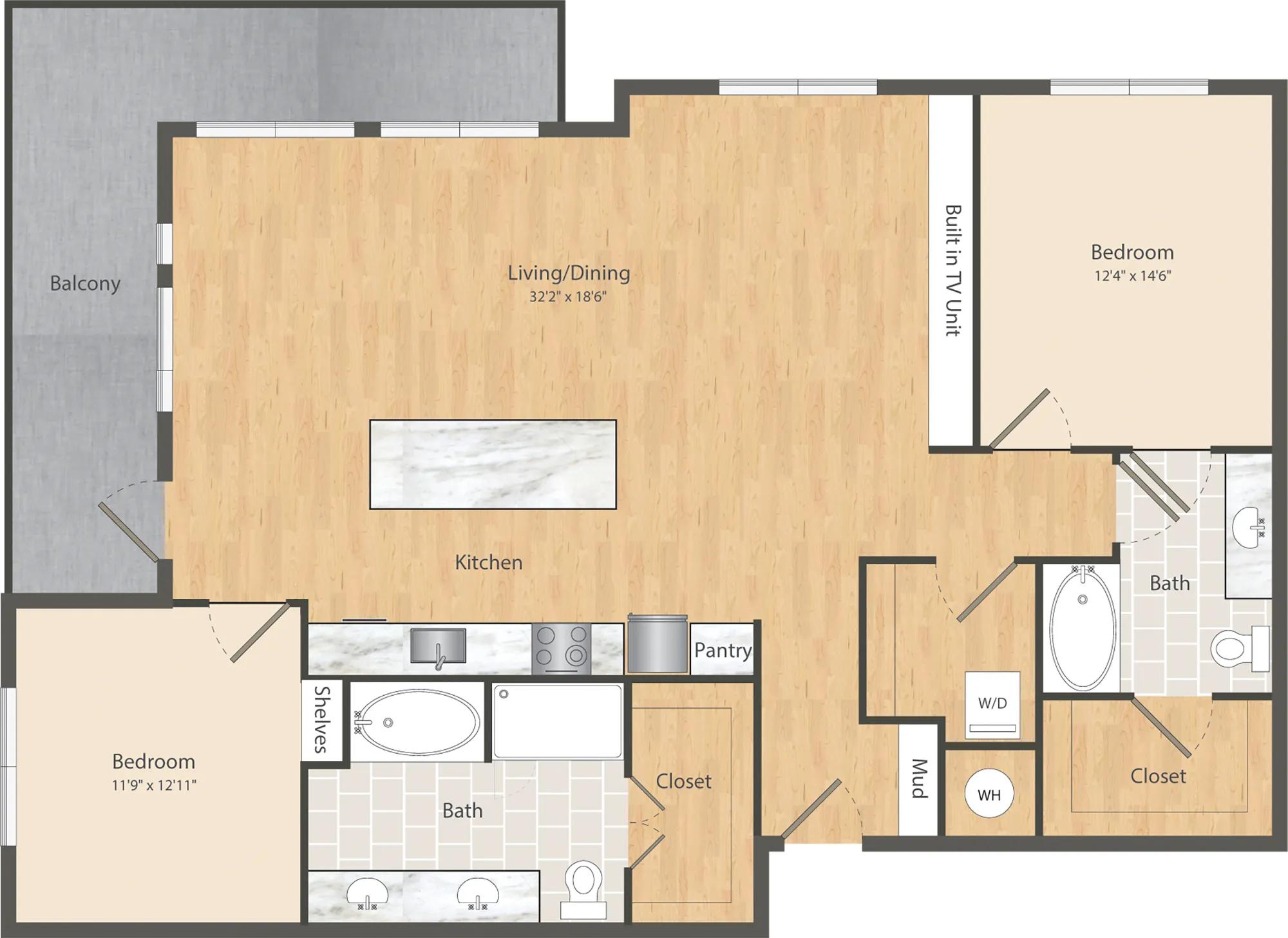 1466 square foot two bed two bath apartment floor plan in Nashville, TN
