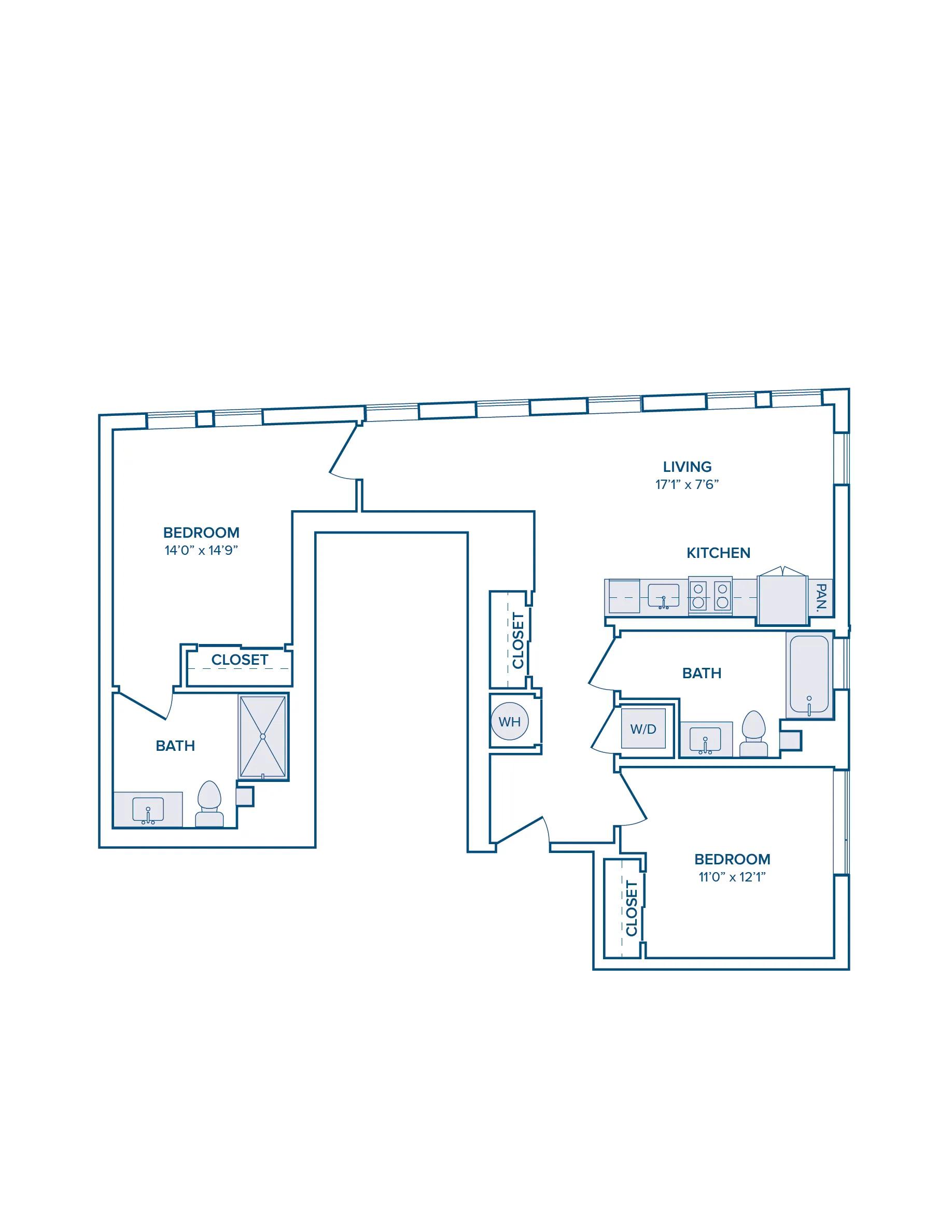 952 square foot two bed two bath floor plan image