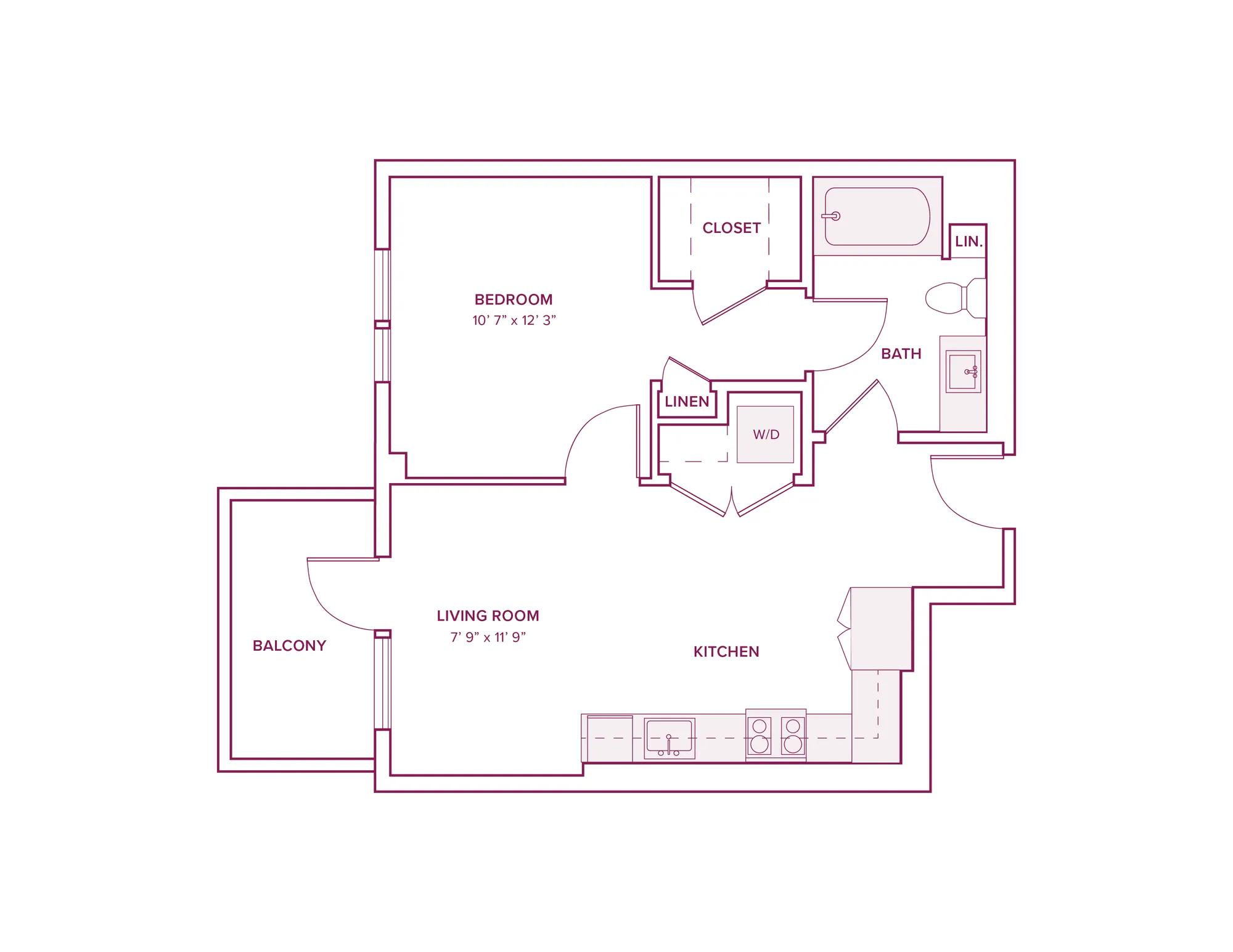644 square foot one bed one bath apartment floor plan in Argyle, CA