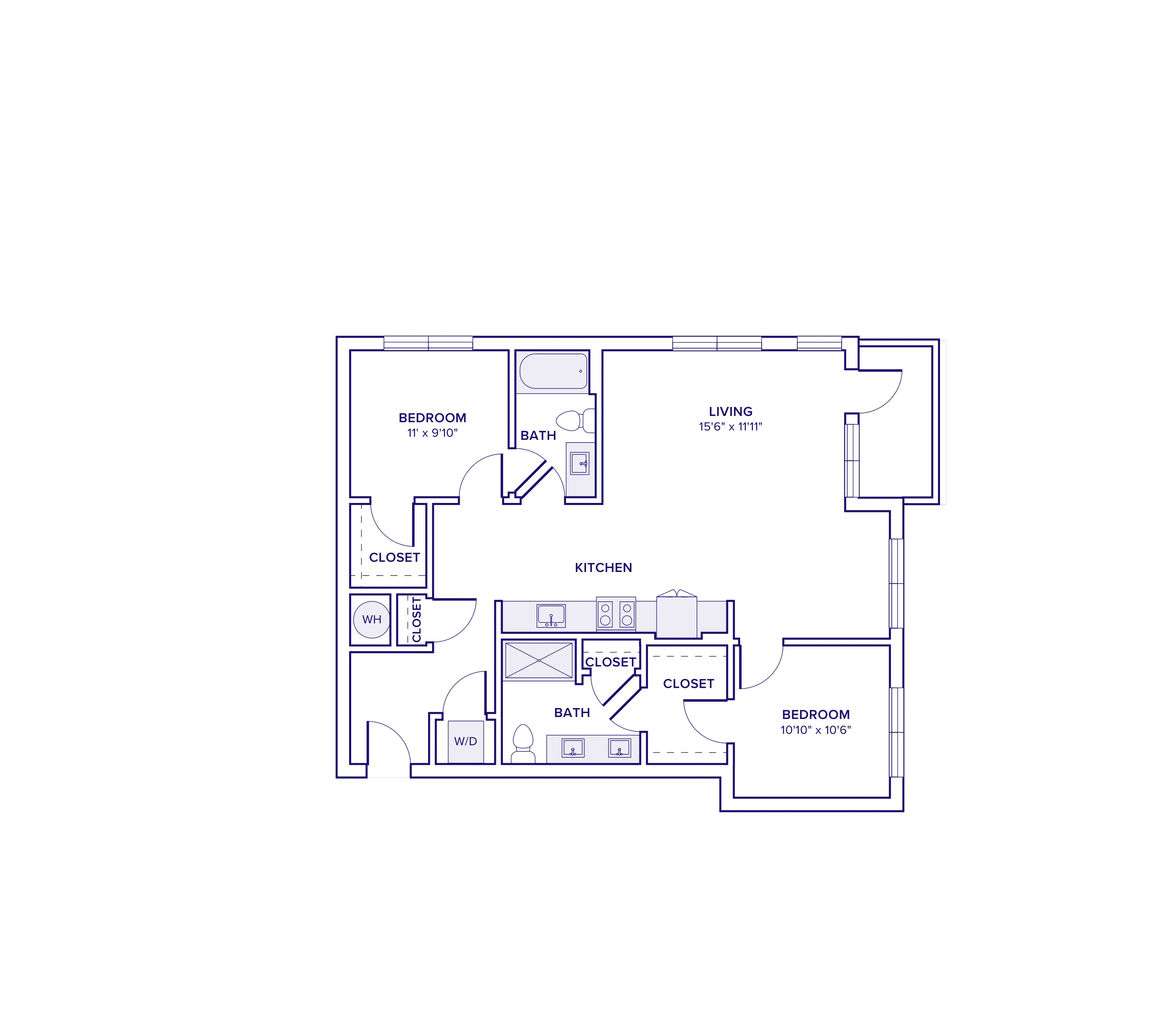 1027 square foot two bed two bath floor plan in Atlanta, GA