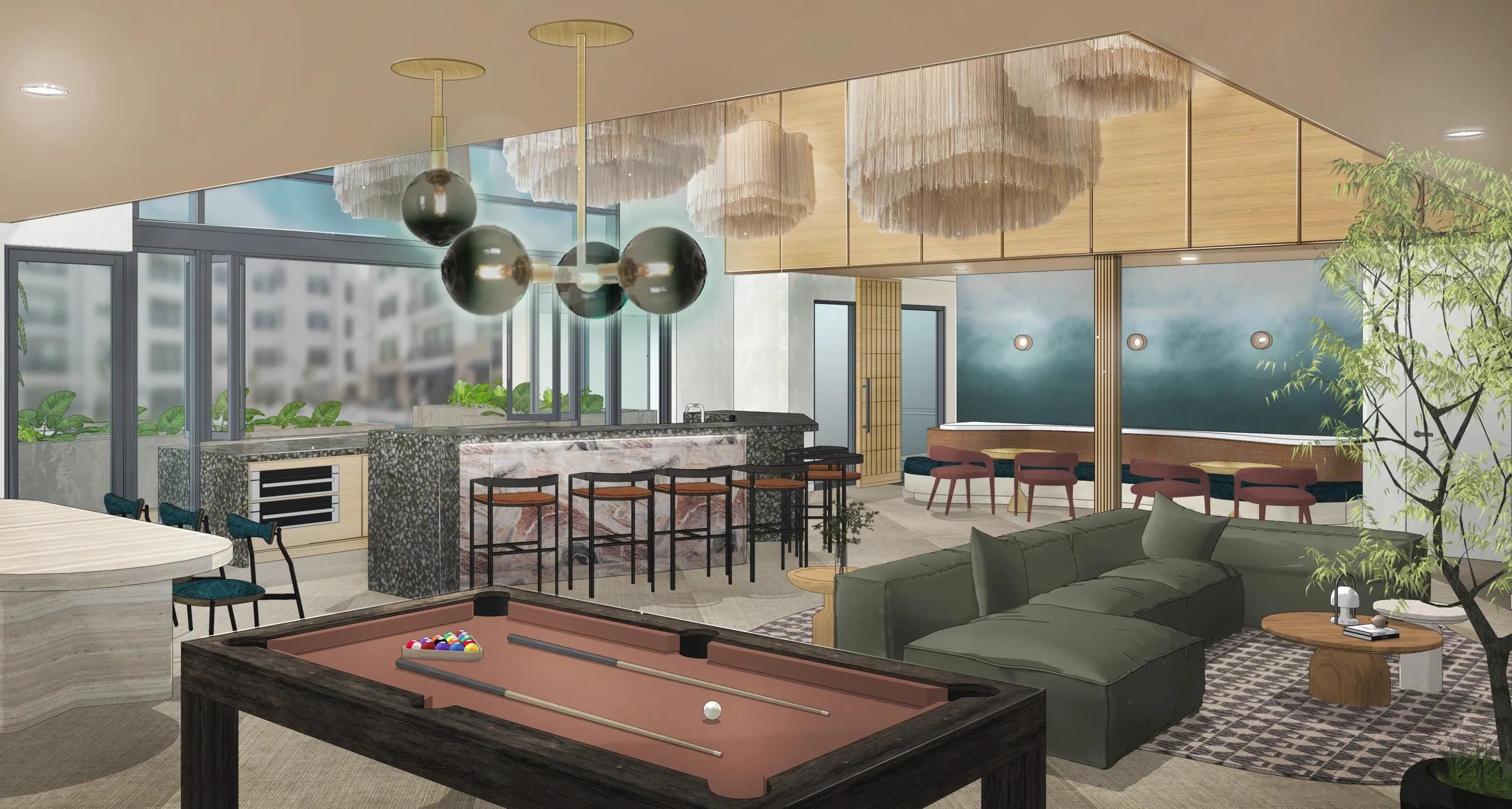Game room with billiards modera melrose apartments in oceanside ca