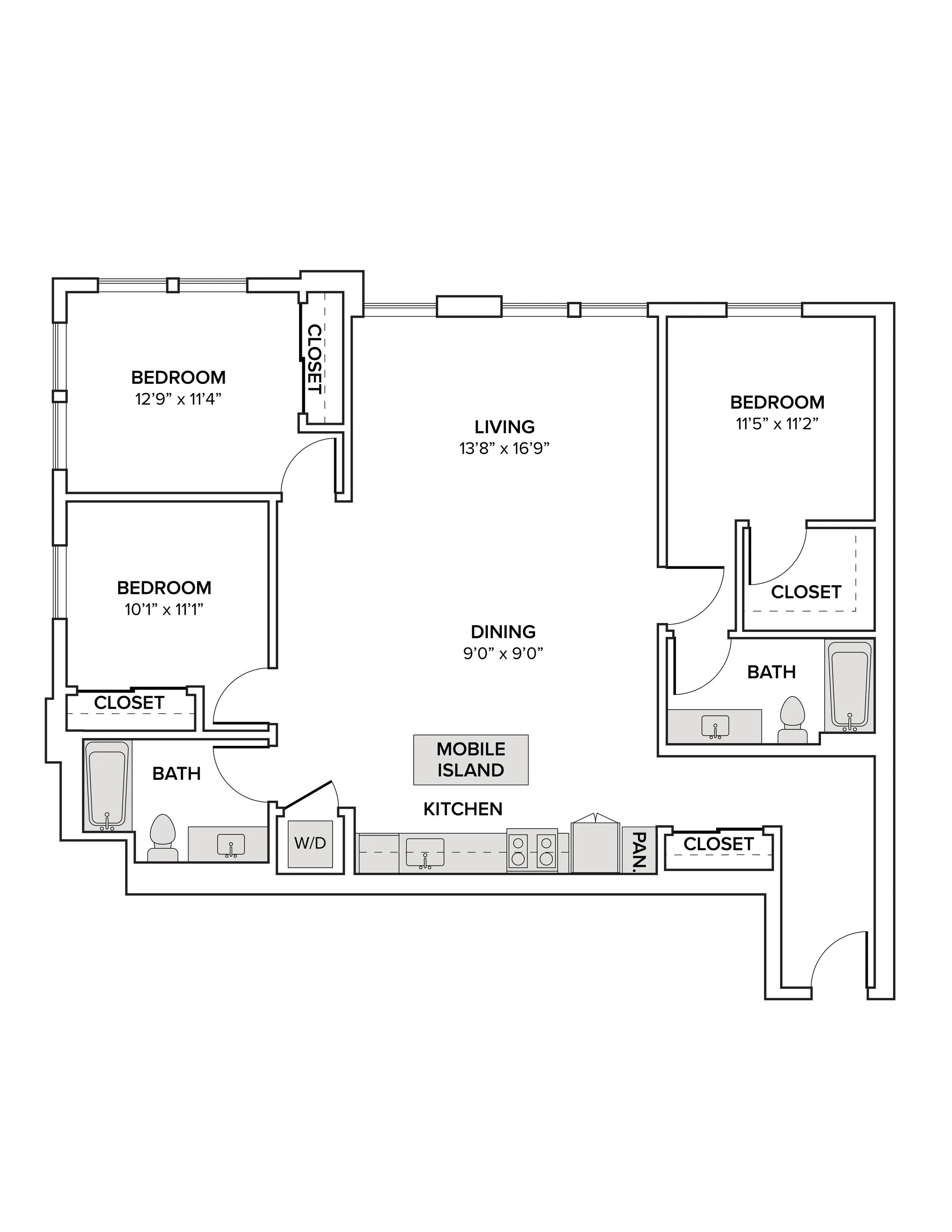 1456 square foot three bedroom two bath apartment floor plan image
