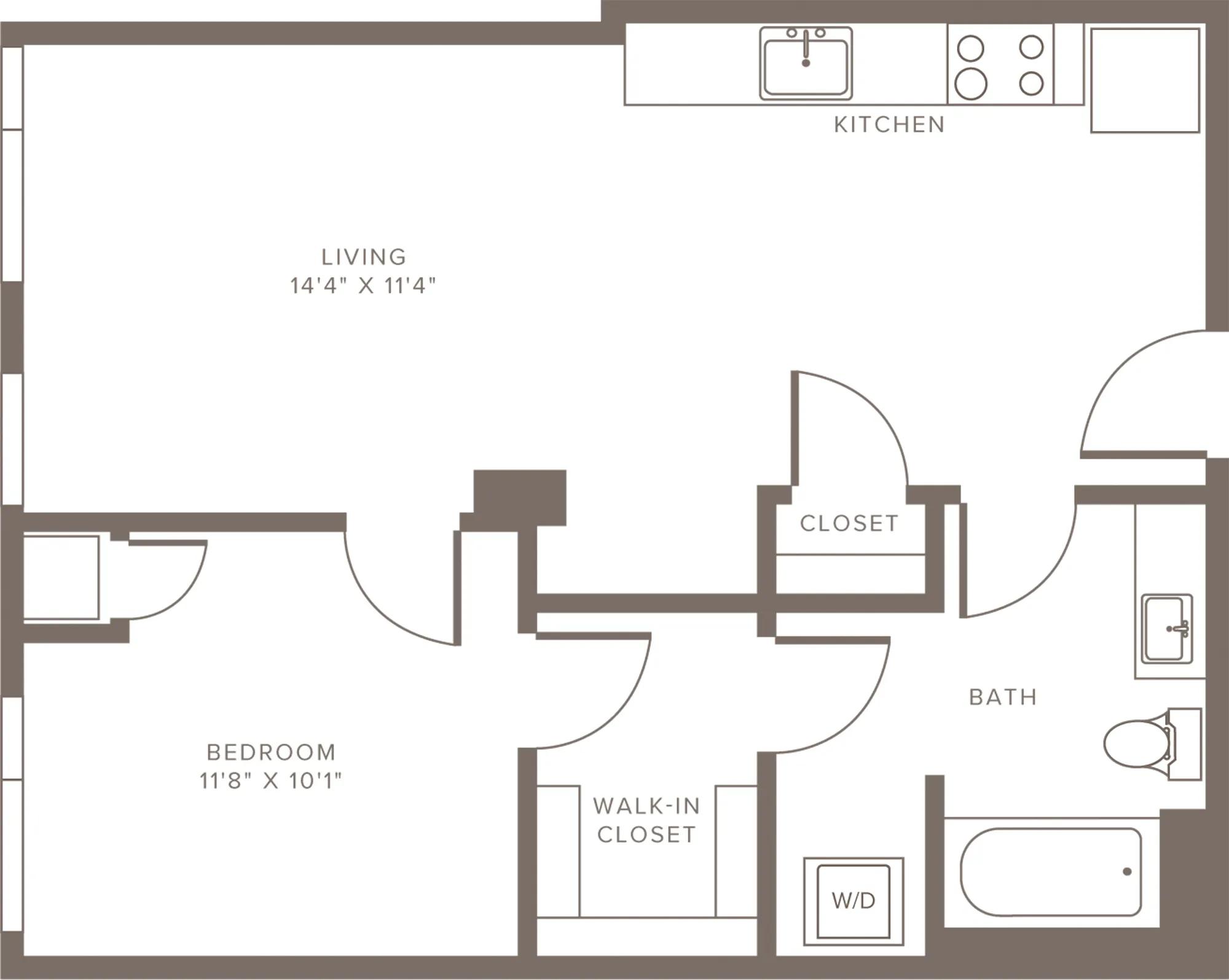 690 square foot one bedroom one bath with walk-thru closet to bath apartment floorplan image