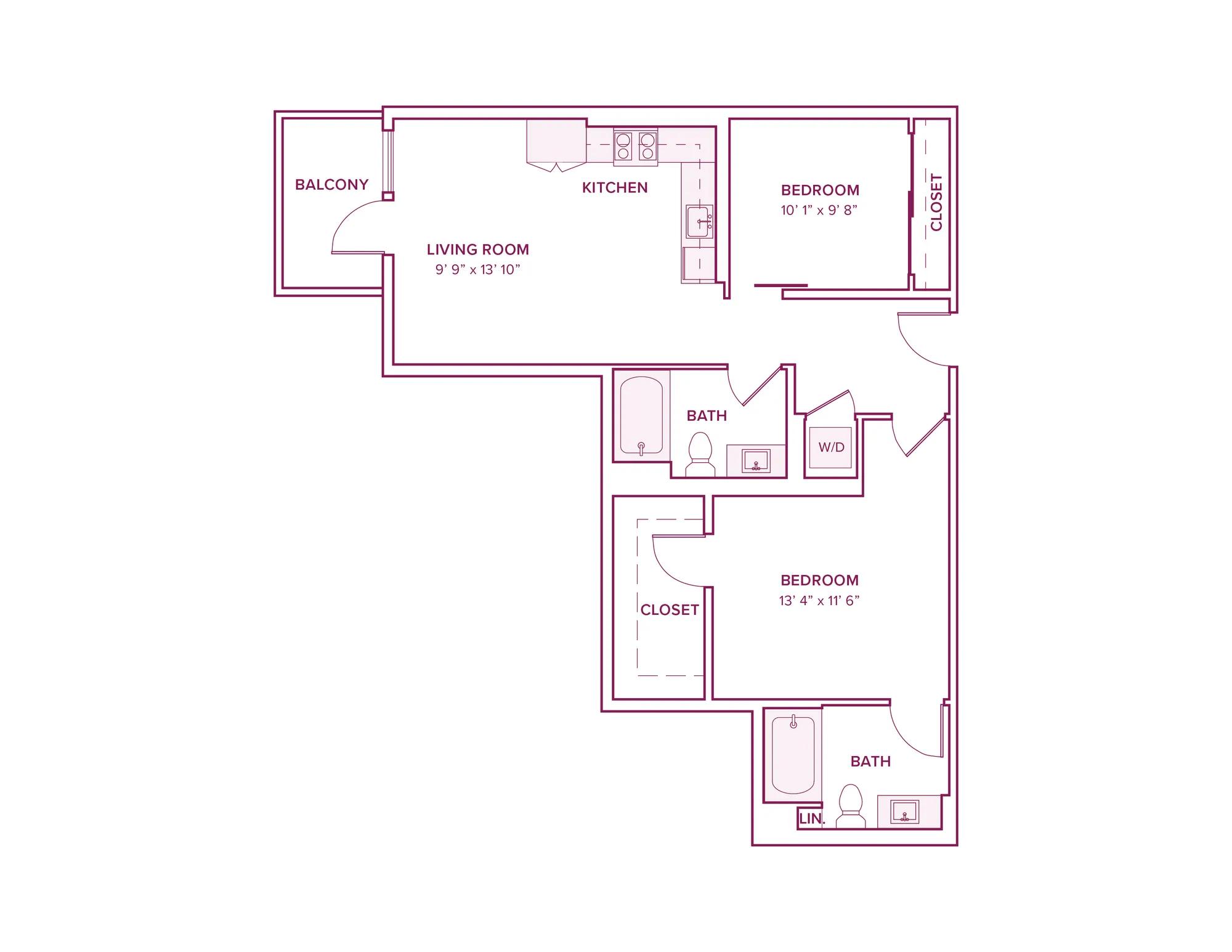 934 square foot two bed two bath apartment floor plan in Argyle, CA