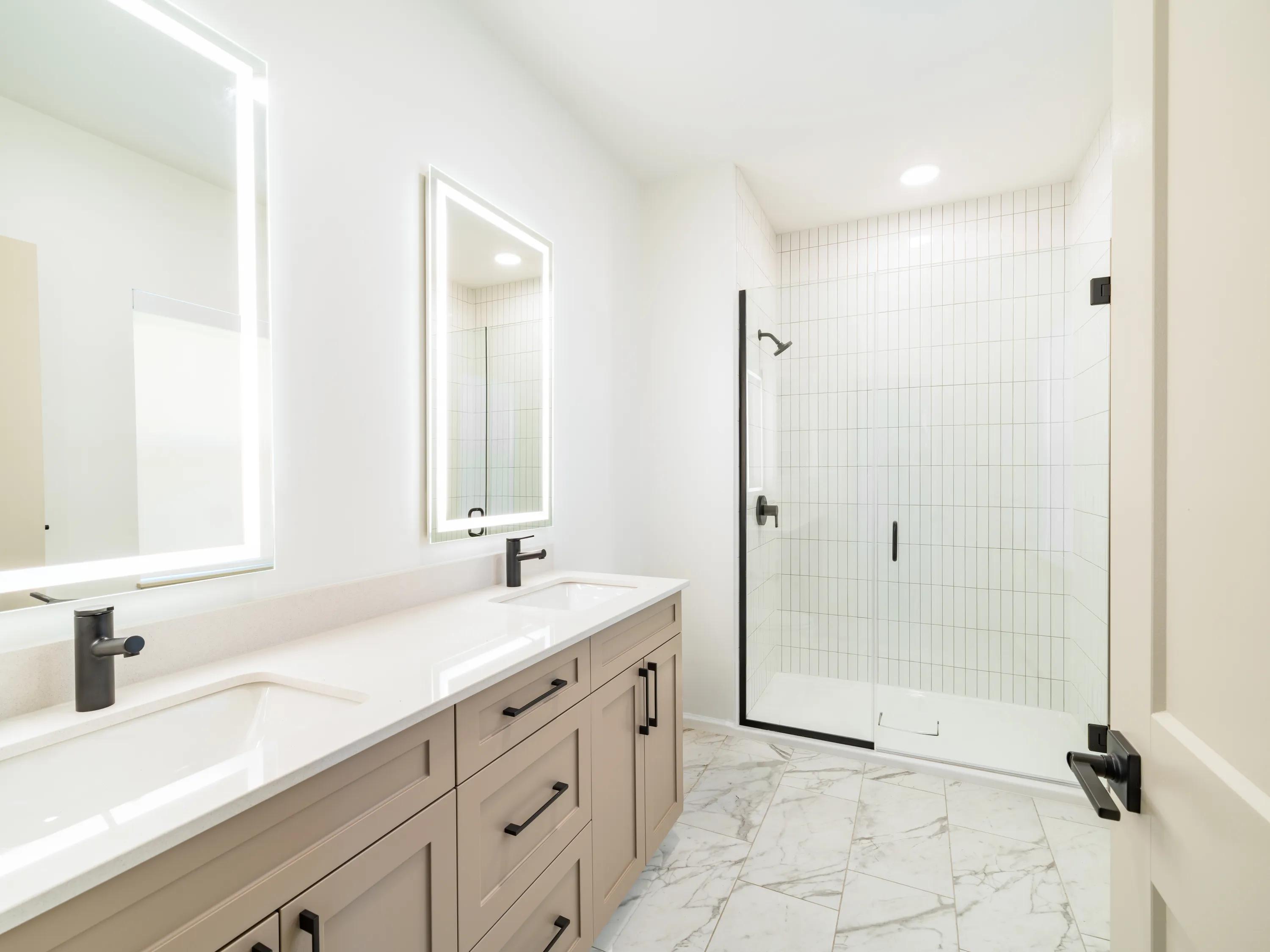 Primary bathroom with a double-sink vanity modera weston apartments and townhomes for rent  for rent in weston ma near boston
