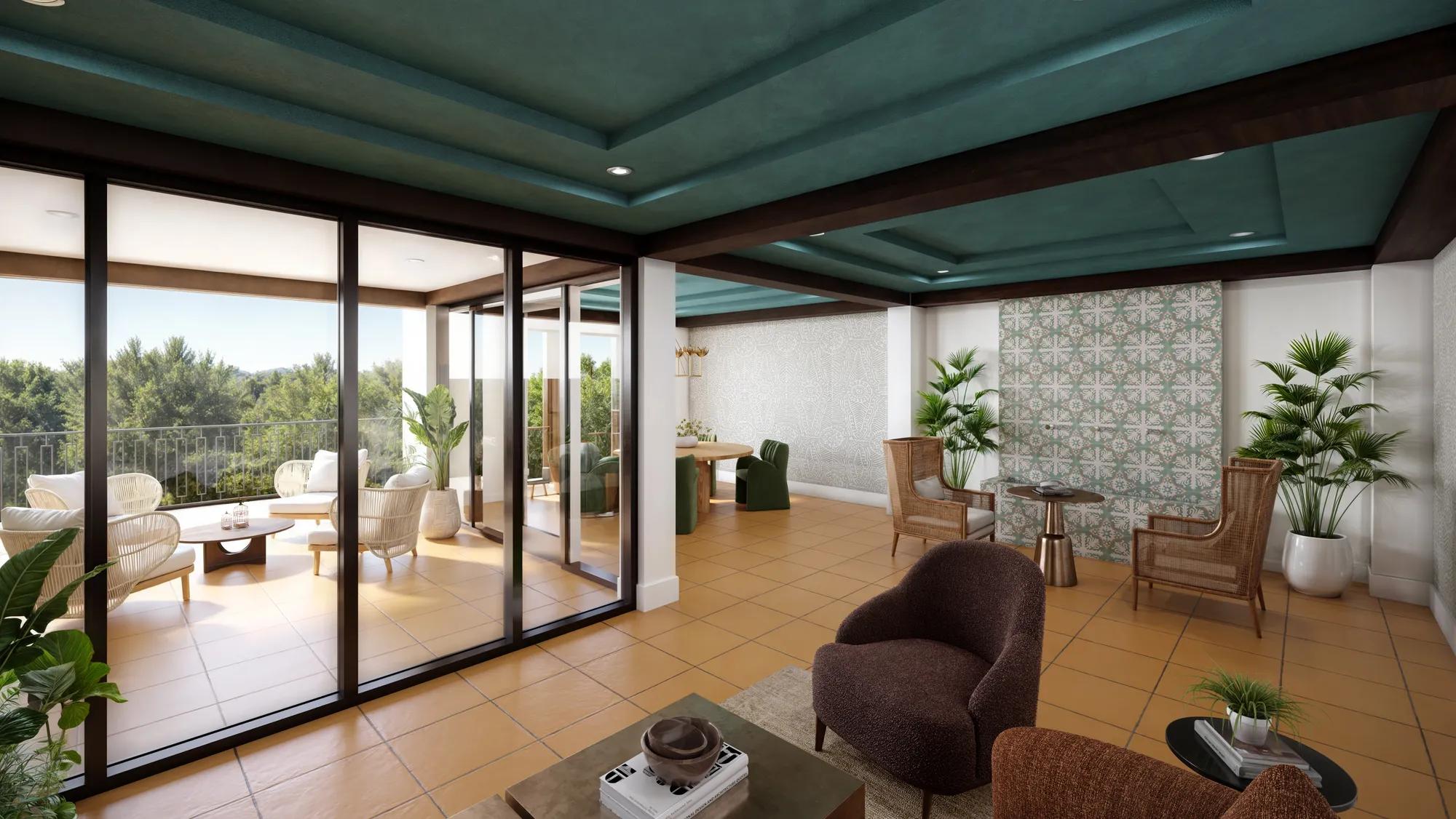 lounge area with comfortable seating and outdoor balcony modera trailhead apartments dallas tx