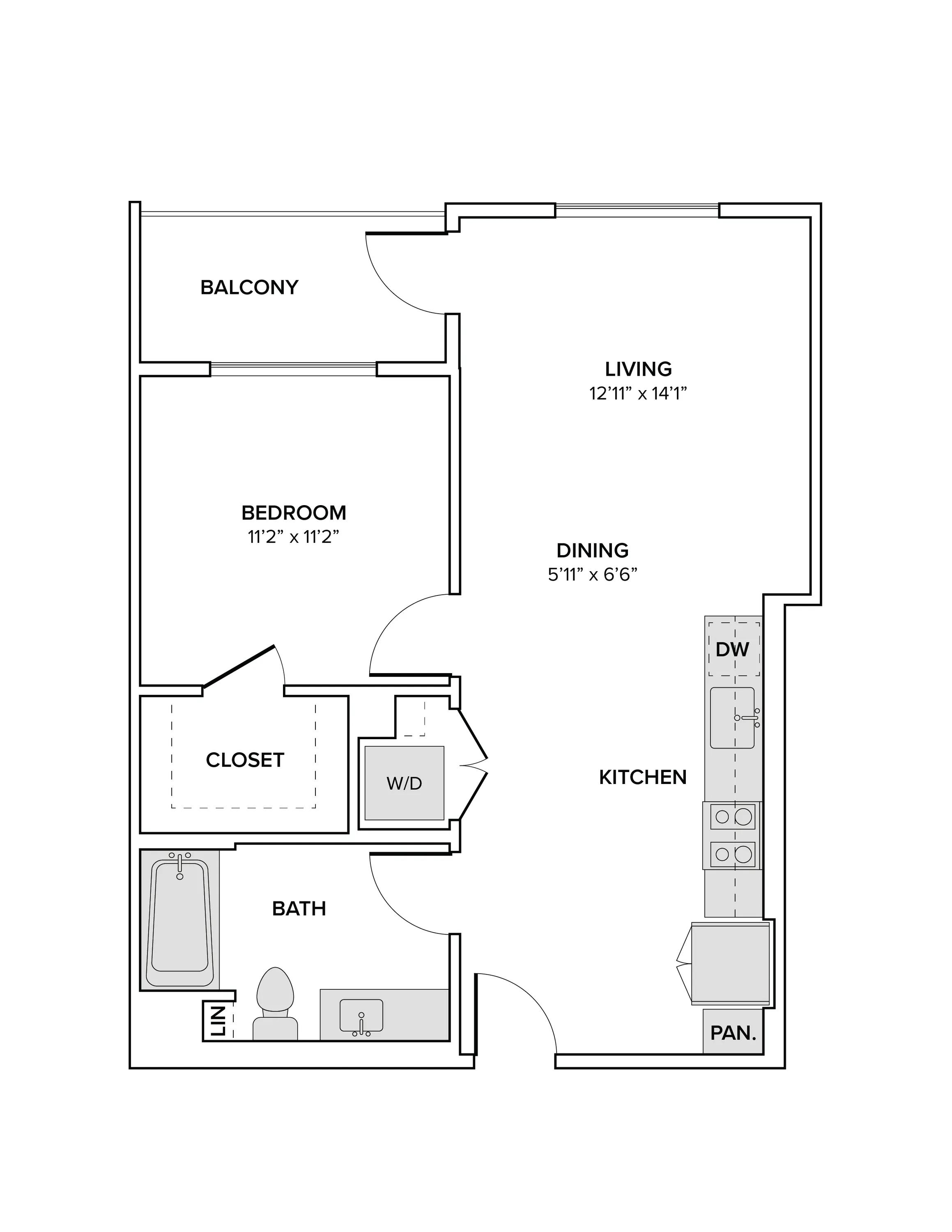 713 square foot one bed one bath floor plan image