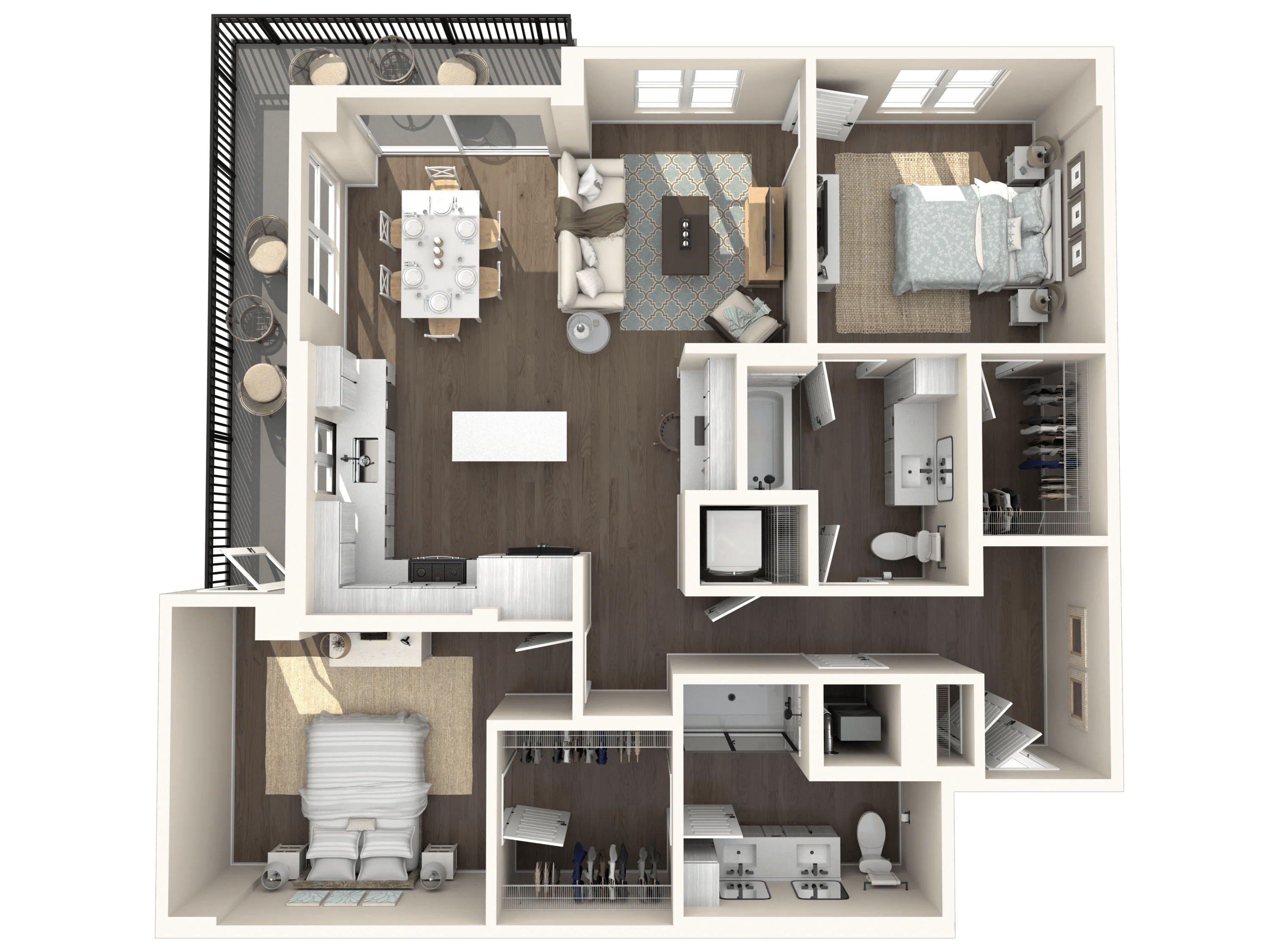 1210 square foot two bed two bath floor plan image