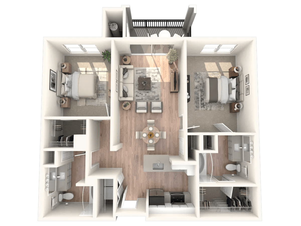 1070 square foot two bed two bath apartment floor plan image