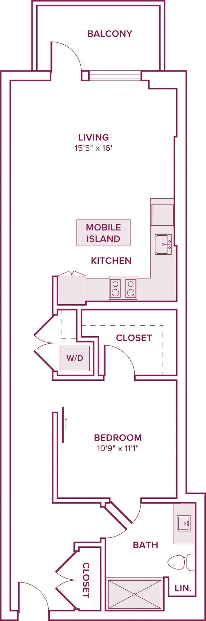 778 square foot one bed one bath floor plan in Argyle, CA