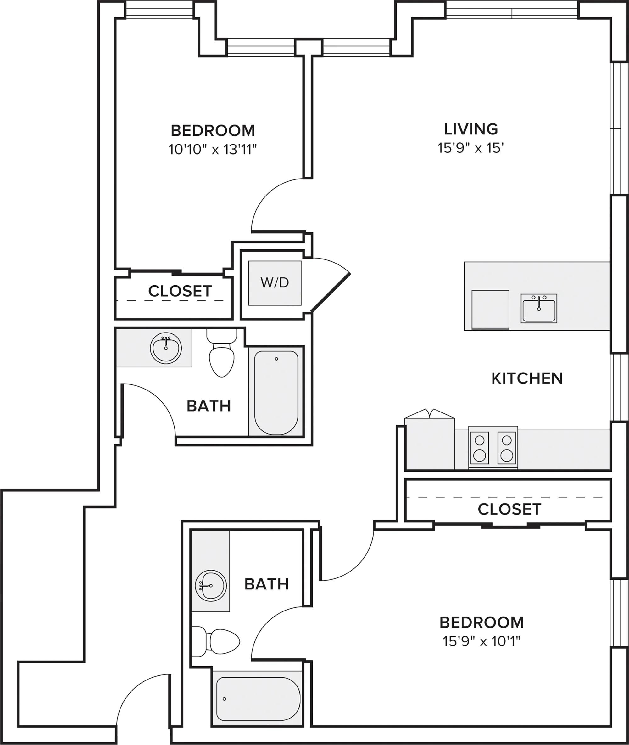 1085 square foot two bed two bath apartment floor plan in Portland, OR