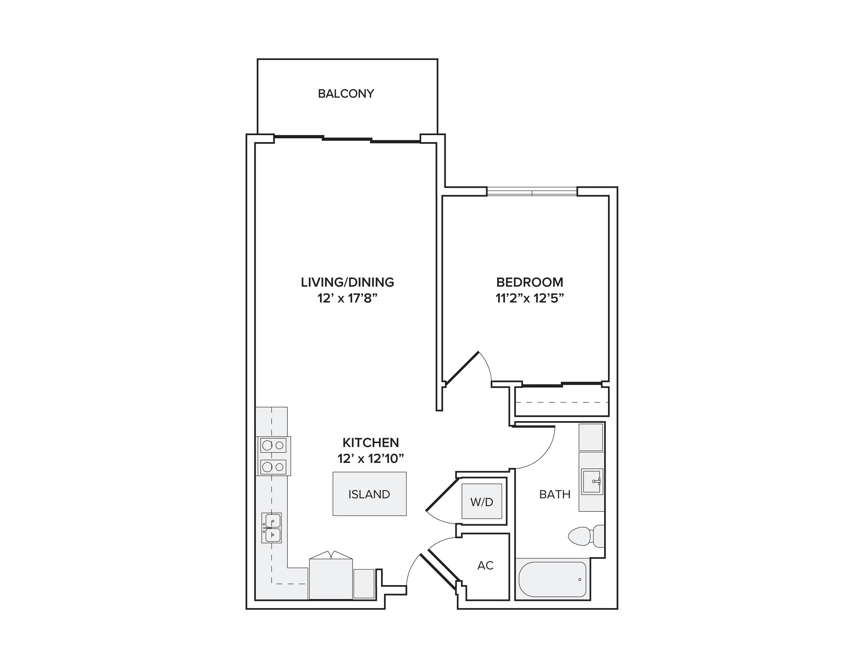 734 square foot one bed one bath apartment floor plan in Scottsdale, AZ