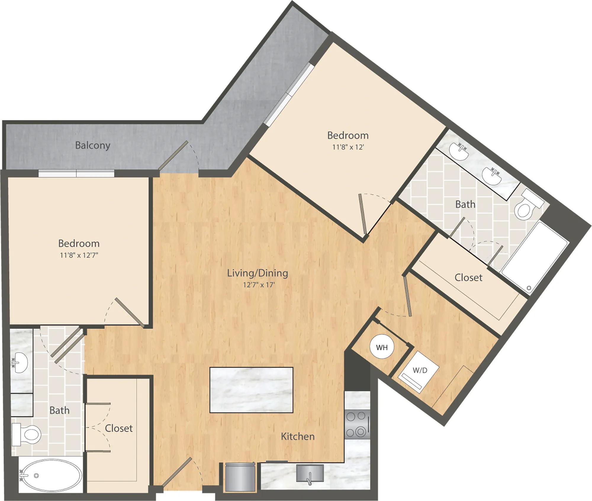 1127 square foot two bedroom two bath apartment floor plan in Dallas, TX