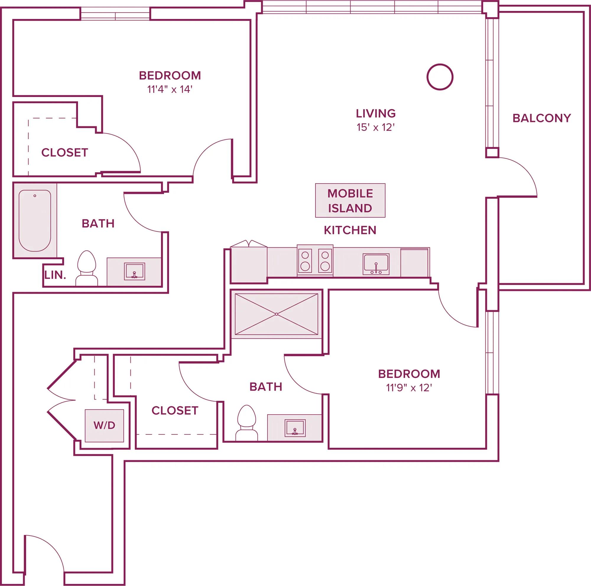 1053 square foot two bed two bath floor plan in Argyle, CA