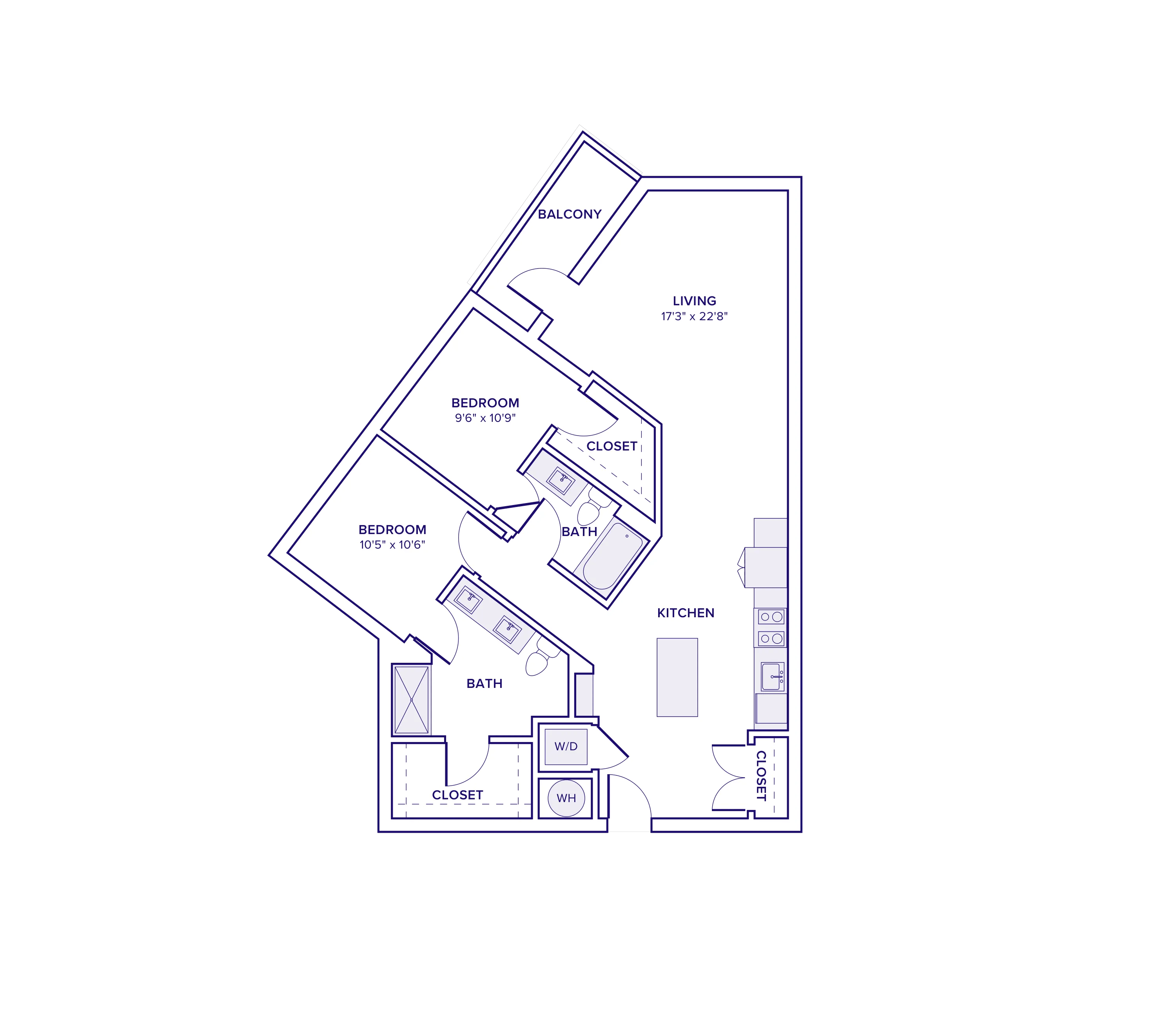 1079 square foot two bed two bath apartment floor plan in Atlanta, GA