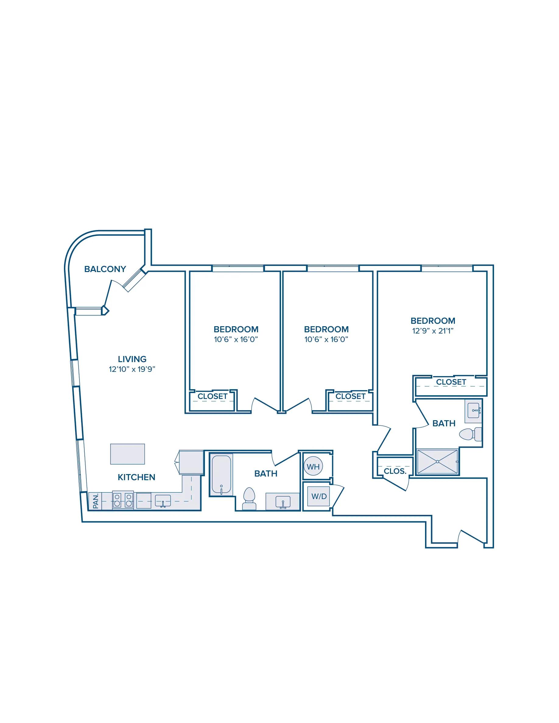 1410 square foot three bedroom two bath apartment floor plan image