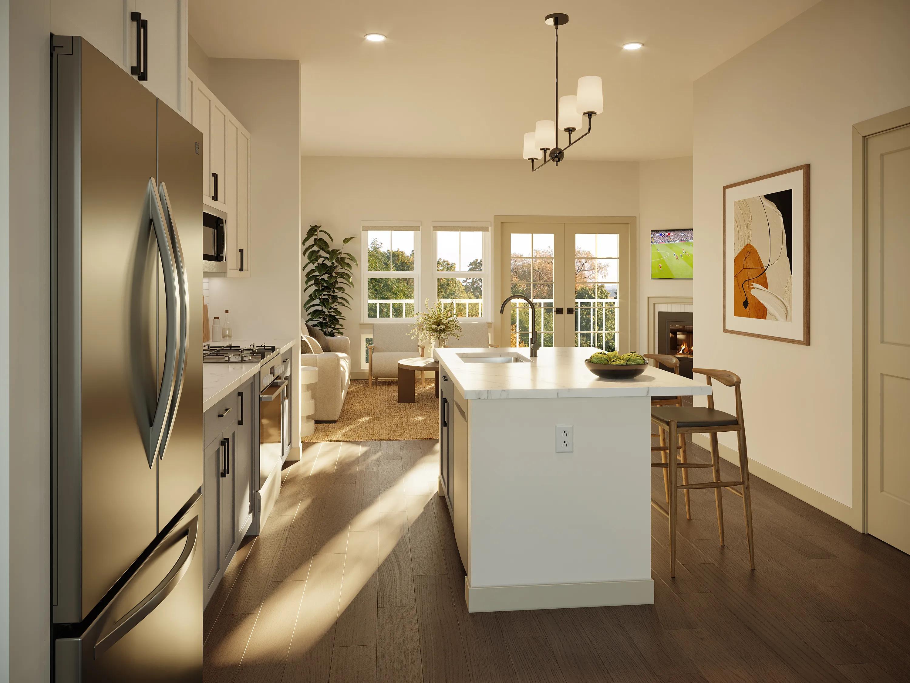 kitchen rendering with white cabinetry and stainless steel appliances modera weston apartments for rent in weston ma near boston