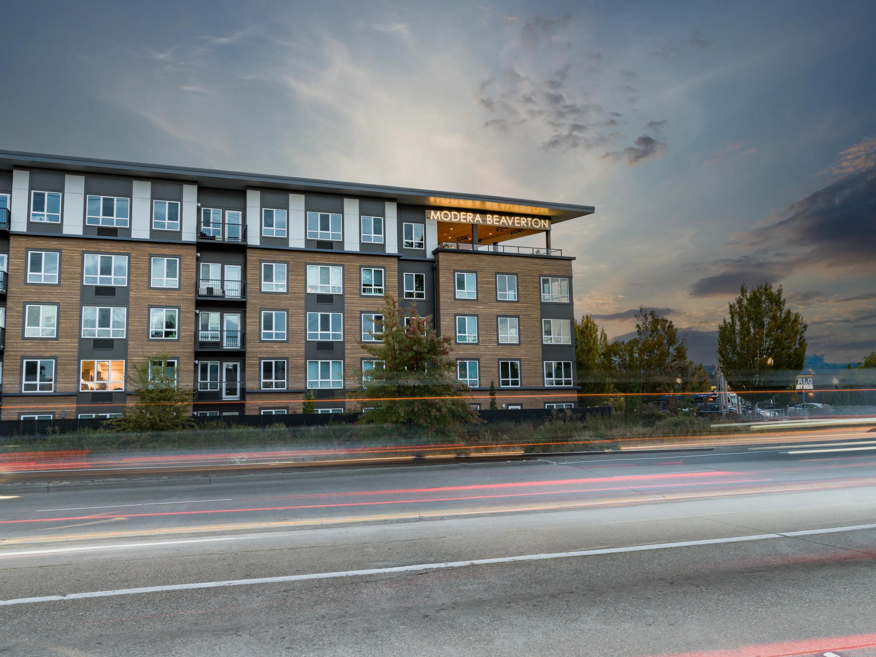 modera beaverton apartment homes for rent in or exterior building at dusk