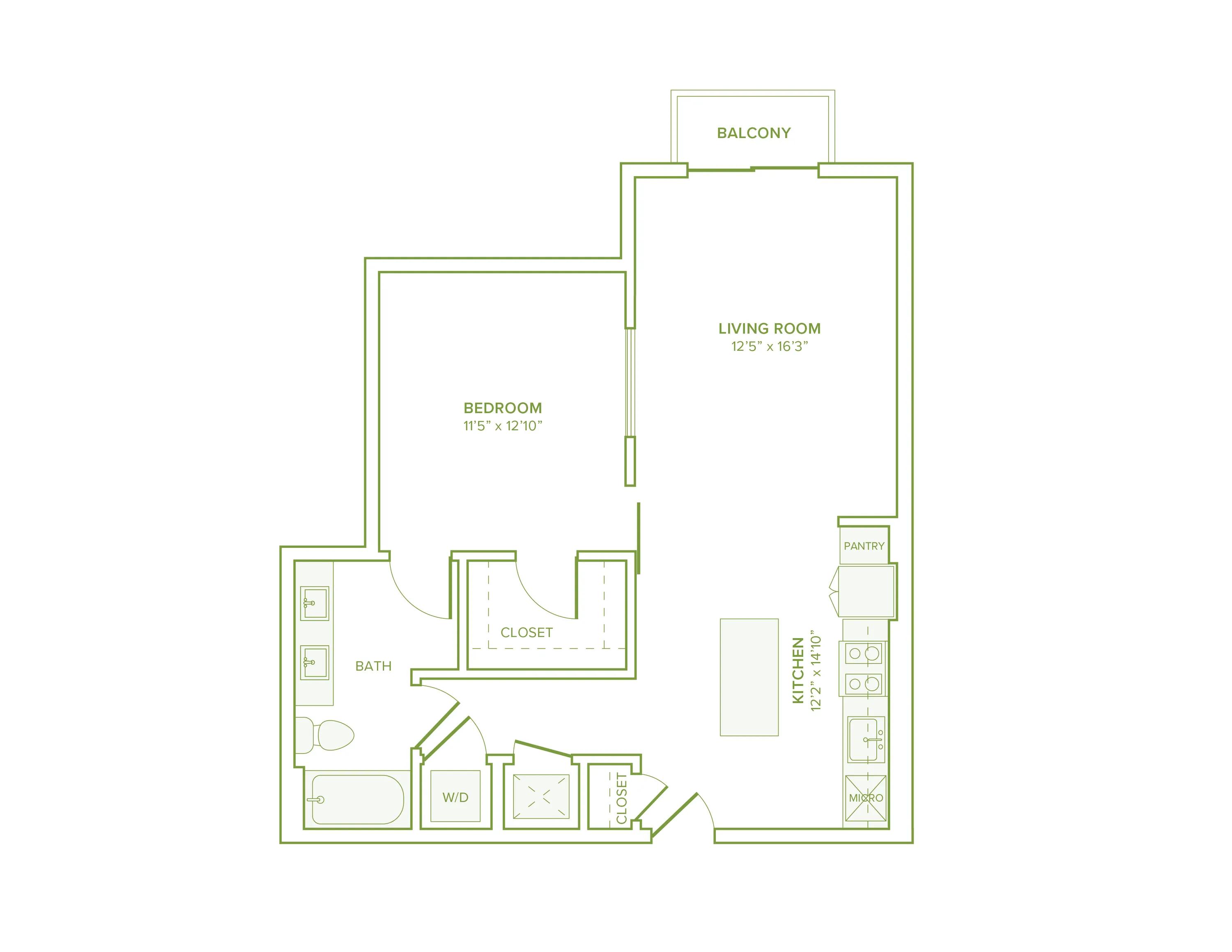 759 square foot one bed one bath floor plan in Falls Church, VA