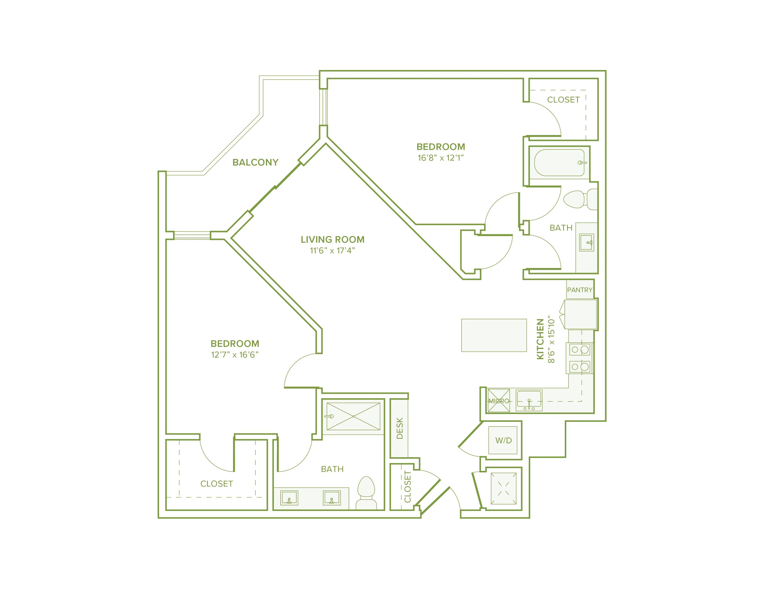 1108 square foot two bed two bath floor plan in Falls Church, VA