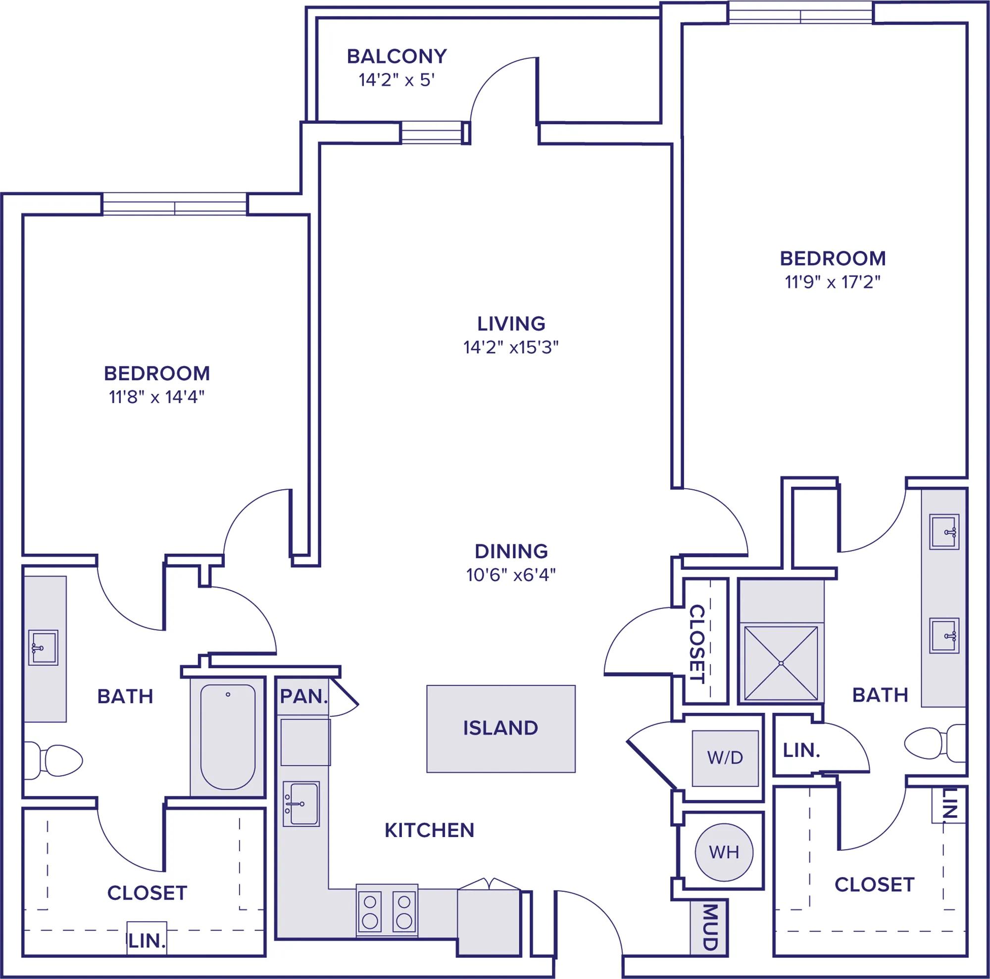 1364 square foot two bedroom two bath apartment floor plan in McKinney, TX