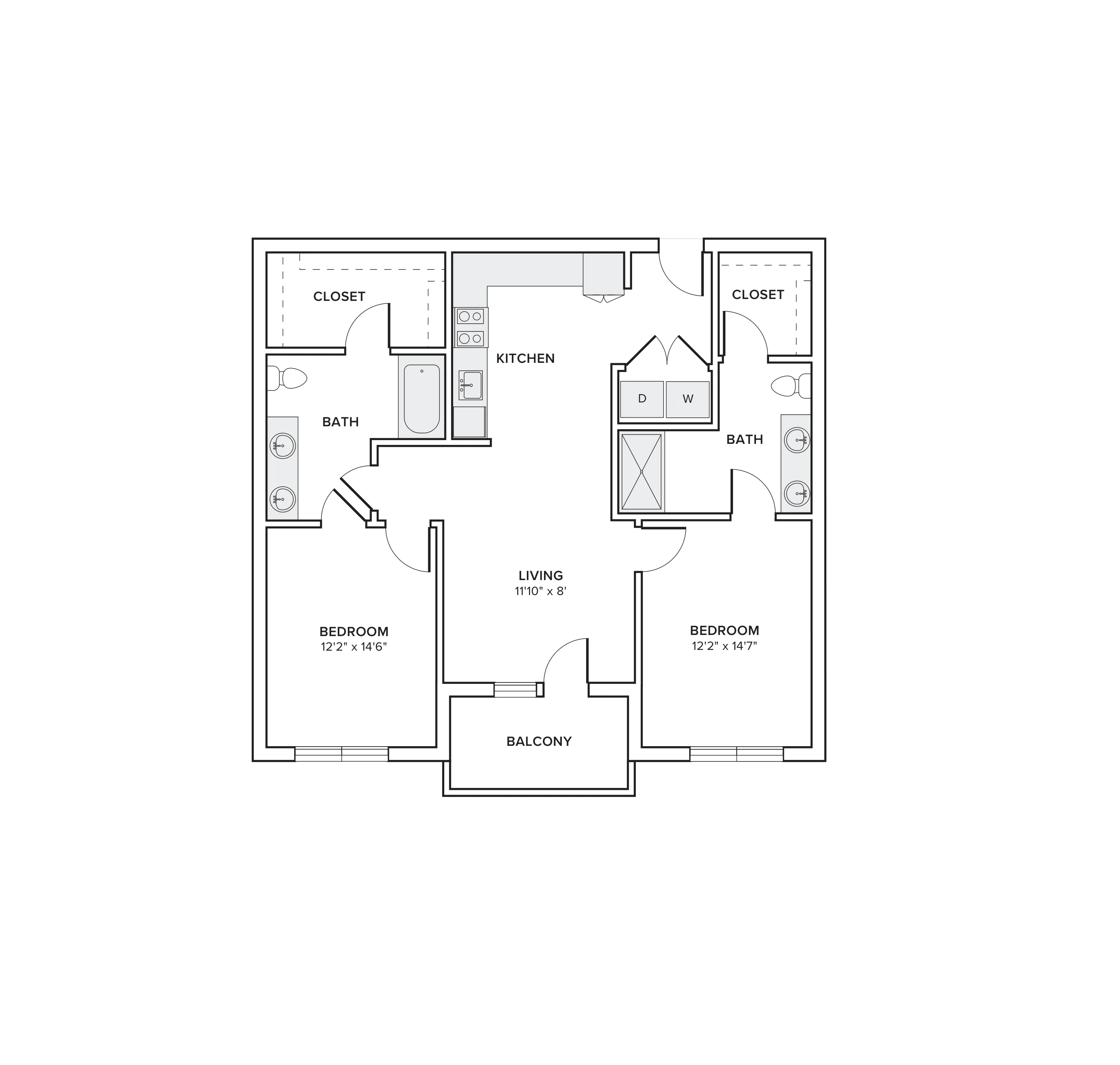 1110 square foot two bed two bath apartment floor plan image