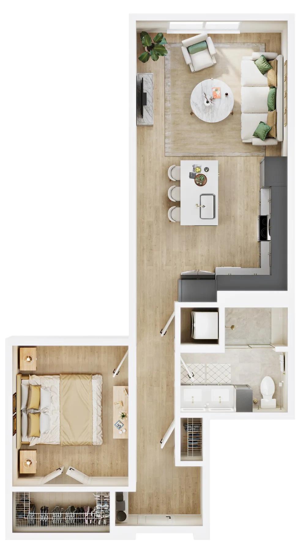 728 square foot one bed one bath floor plan in Denver, CO