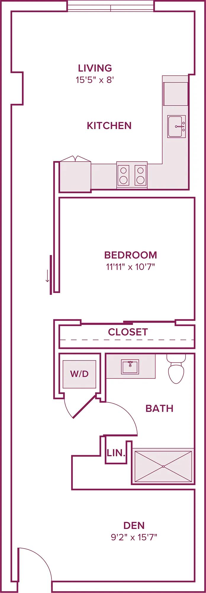 727 square foot one bed one bath floor plan in Argyle, CA